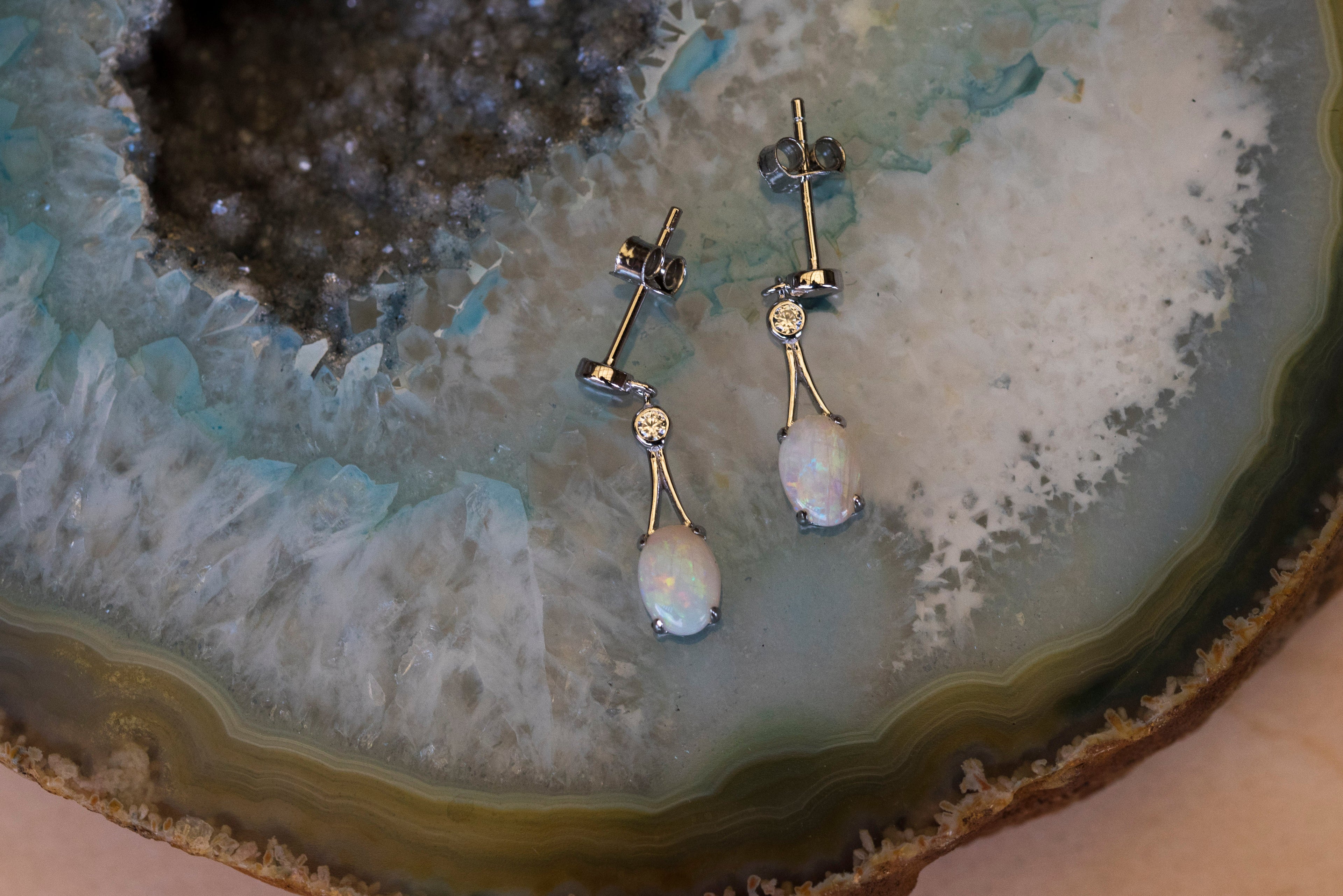 Genuine Australian Opal Jewelry - Handmade Locally - Authentic Australian Solid White Opal Earrings in Sterling Silver White Gold Plated