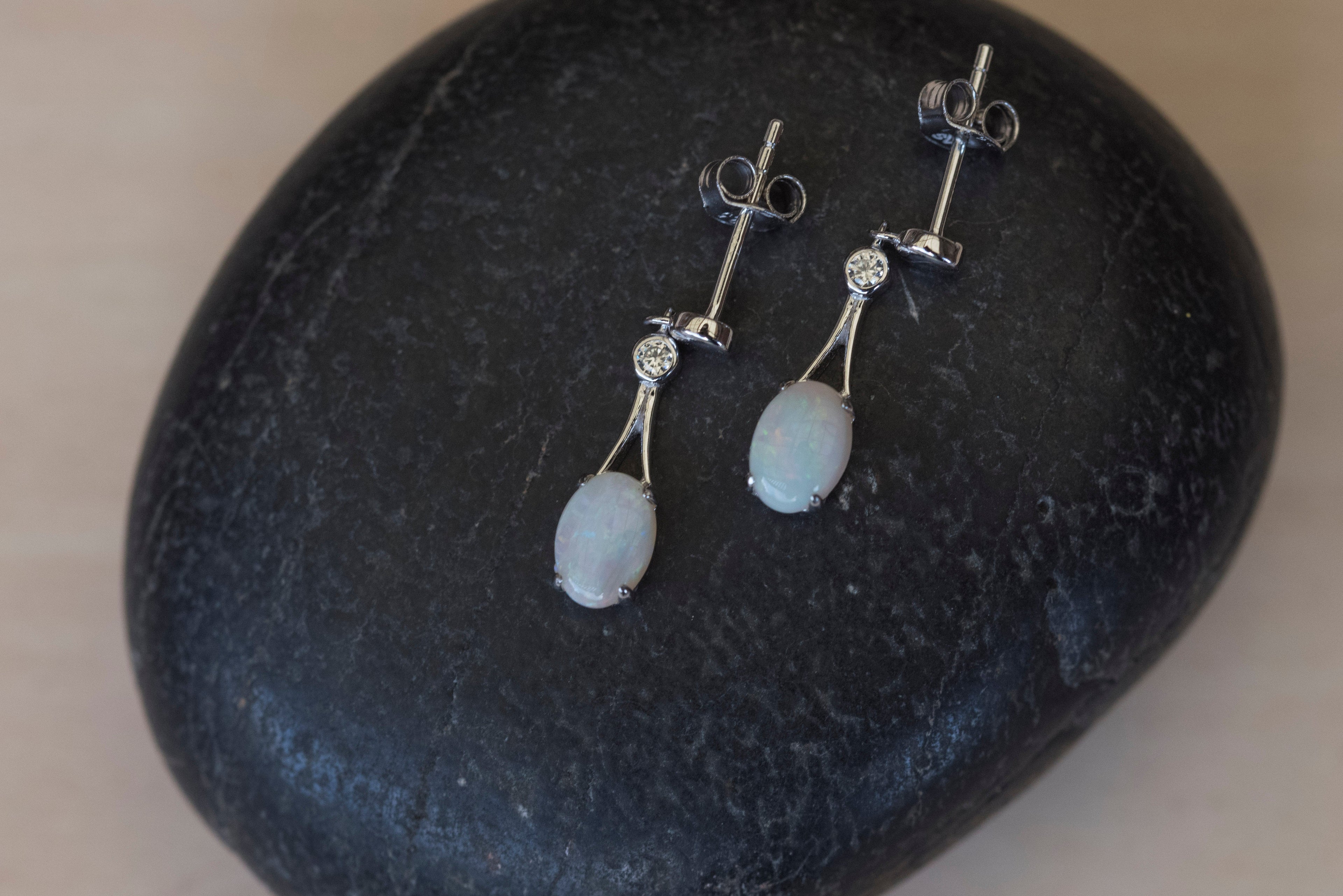 Genuine Australian Opal Jewelry - Handmade Locally - Authentic Australian Solid White Opal Earrings in Sterling Silver White Gold Plated