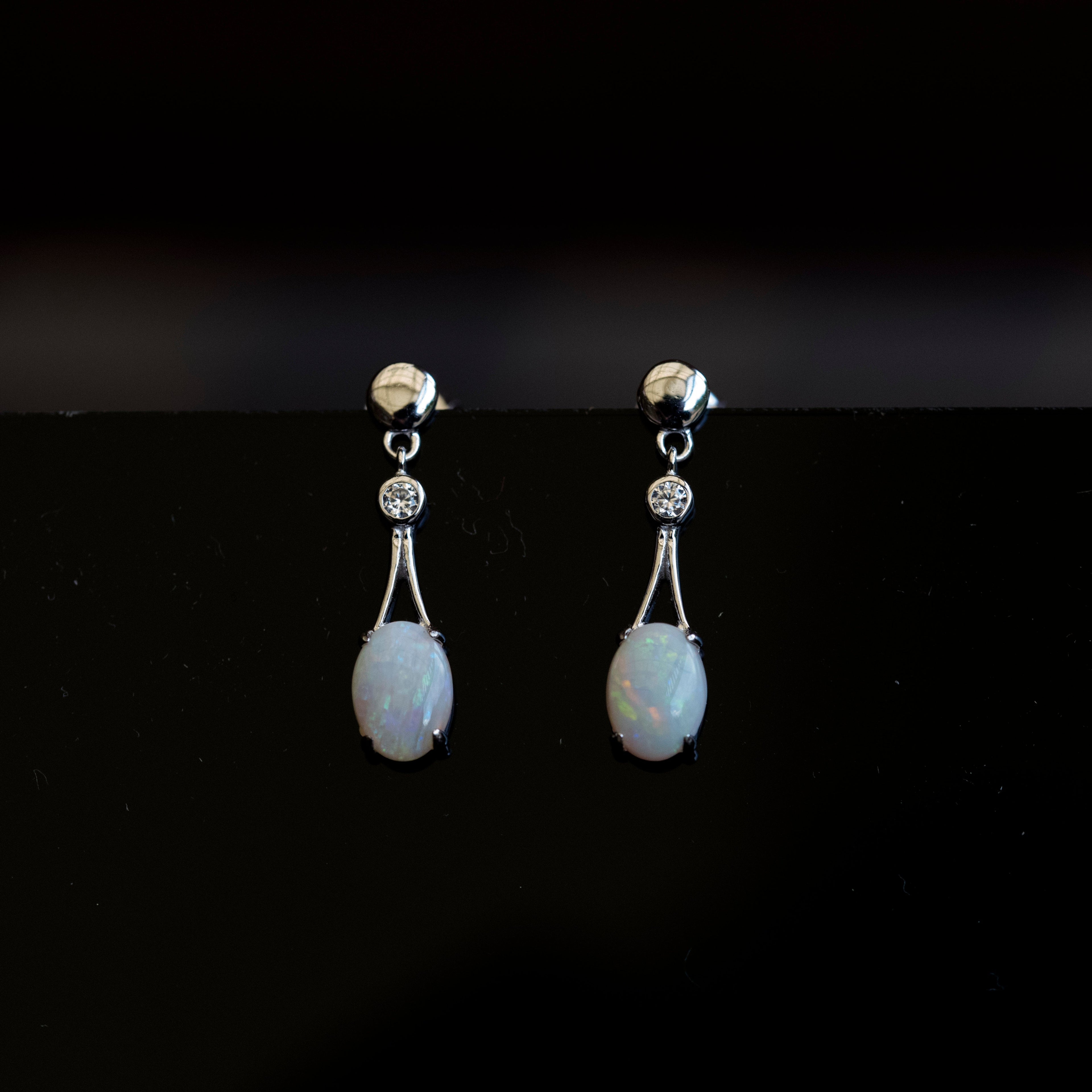 Genuine Australian Opal Jewelry - Handmade Locally - Authentic Australian Solid White Opal Earrings in Sterling Silver White Gold Plated