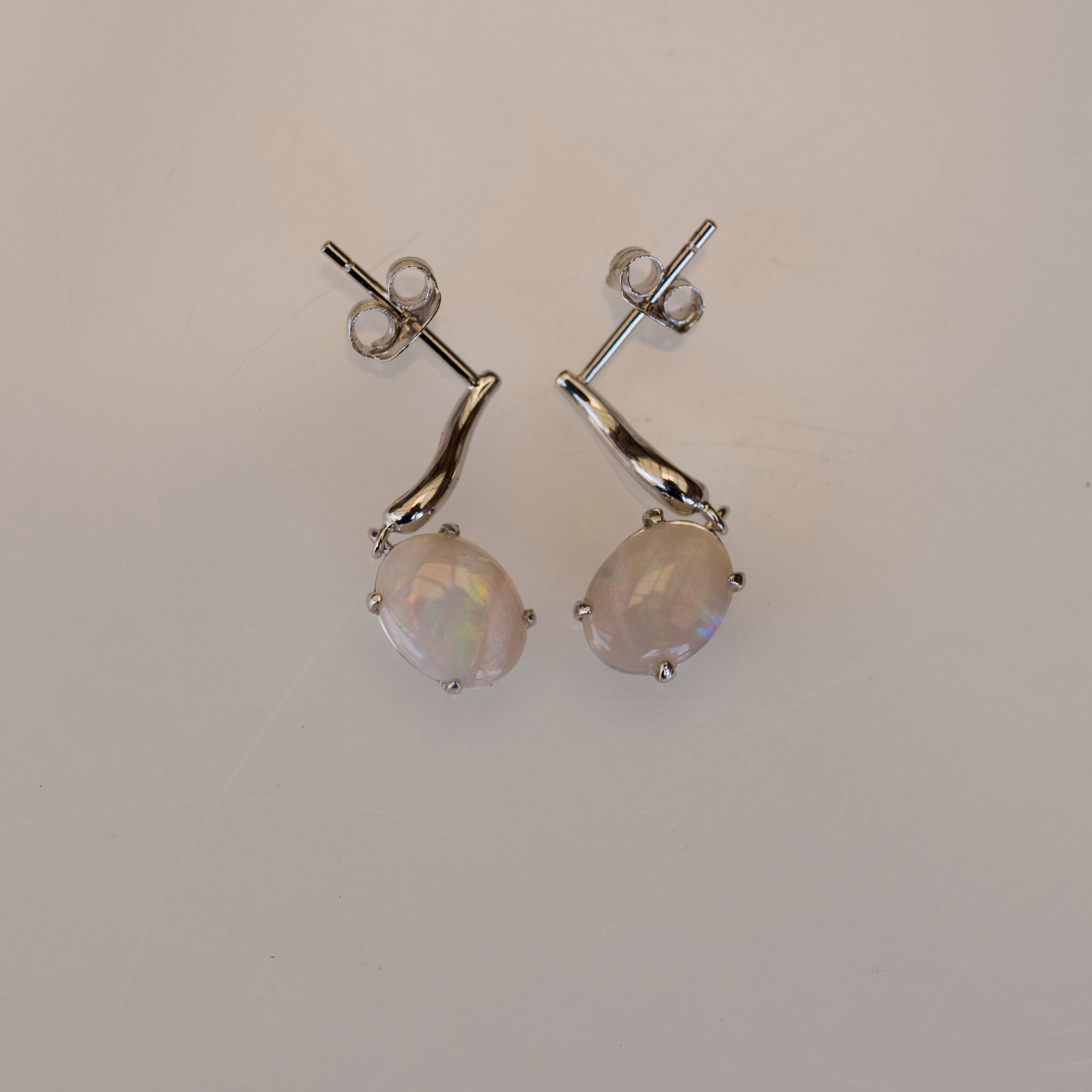 Genuine Australian Opal - Multi Color Fire Opal Earrings - Natural Australian Solid White Opal Earrings in Sterling Silver White Gold Plated