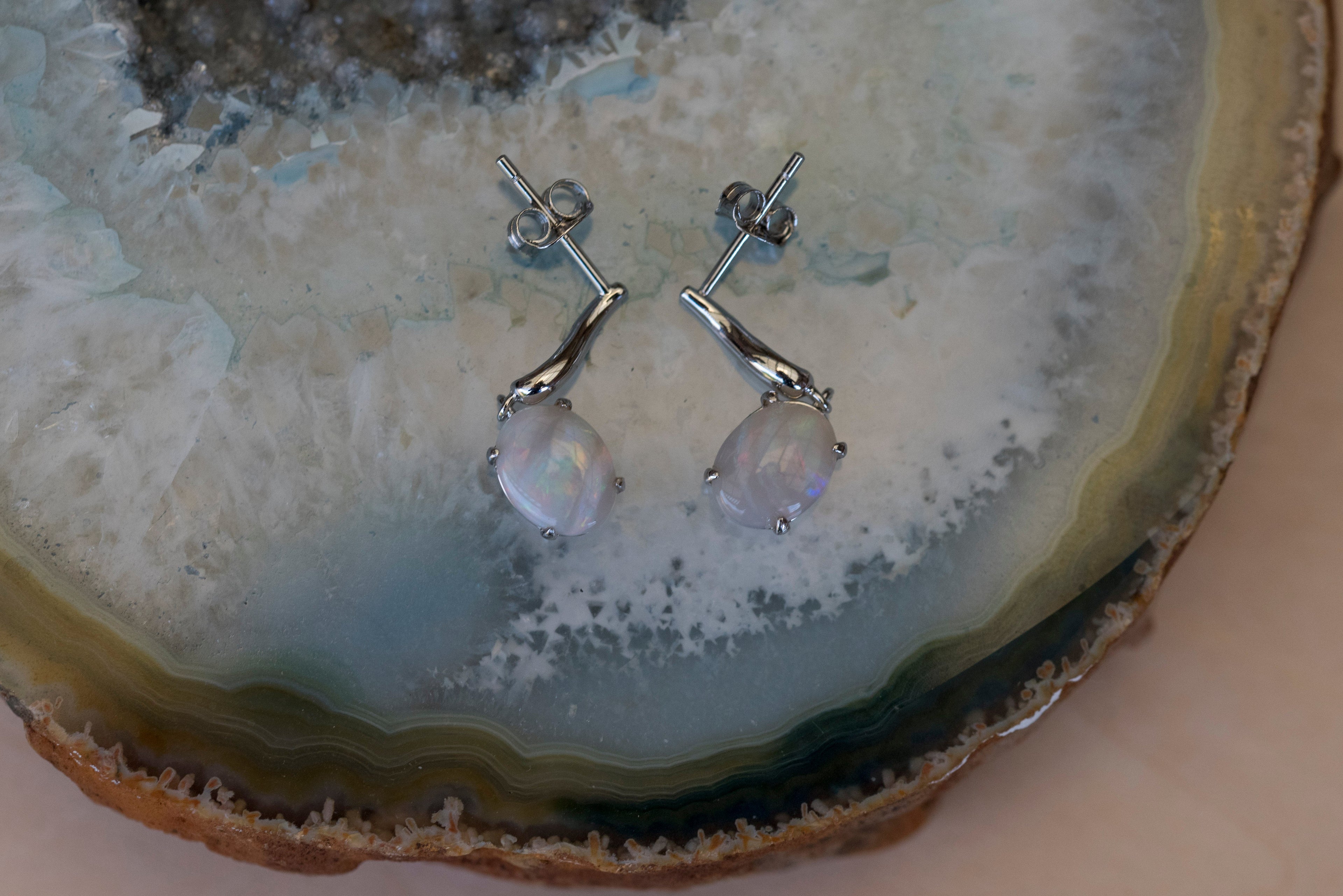 Genuine Australian Opal - Multi Color Fire Opal Earrings - Natural Australian Solid White Opal Earrings in Sterling Silver White Gold Plated