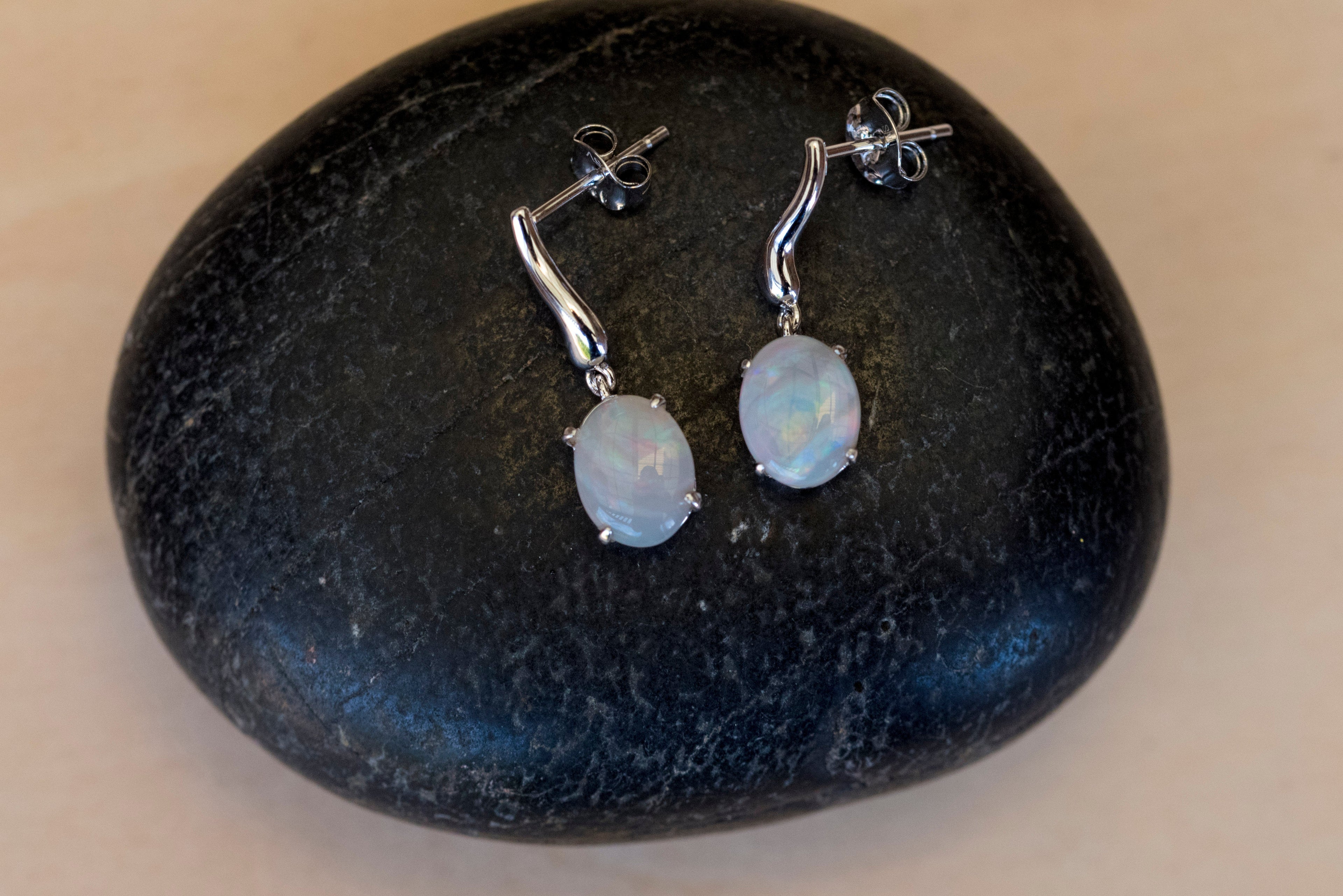 Genuine Australian Opal - Multi Color Fire Opal Earrings - Natural Australian Solid White Opal Earrings in Sterling Silver White Gold Plated