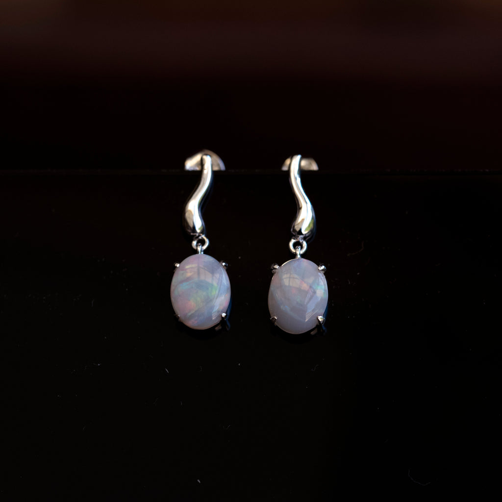 Genuine Australian Opal - Multi Color Fire Opal Earrings - Natural Australian Solid White Opal Earrings in Sterling Silver White Gold Plated