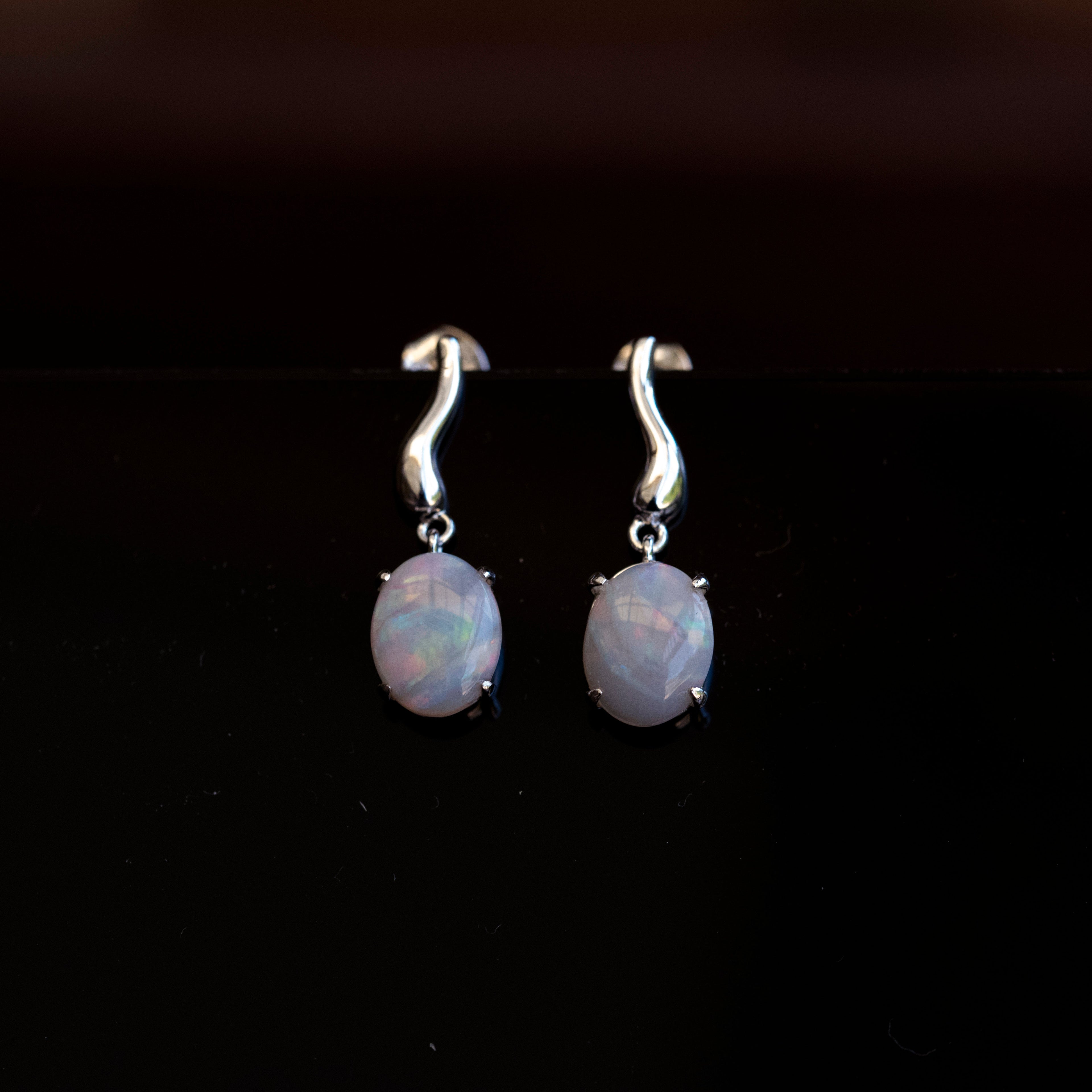 Genuine Australian Opal - Multi Color Fire Opal Earrings - Natural Australian Solid White Opal Earrings in Sterling Silver White Gold Plated