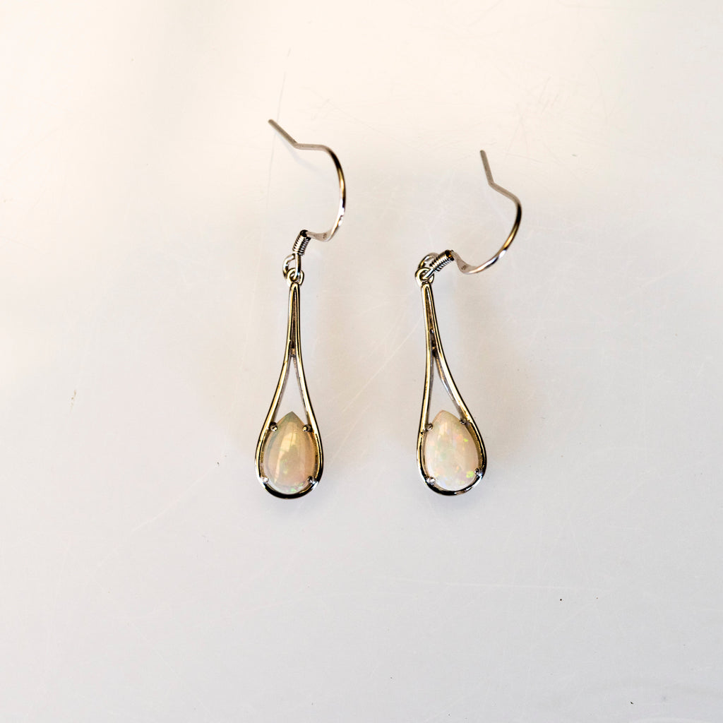 Genuine Australian Opal - Multi Color Fire Opal Earrings - Dangling Australian Solid White Opal Earrings in Sterling Silver White Gold Plated