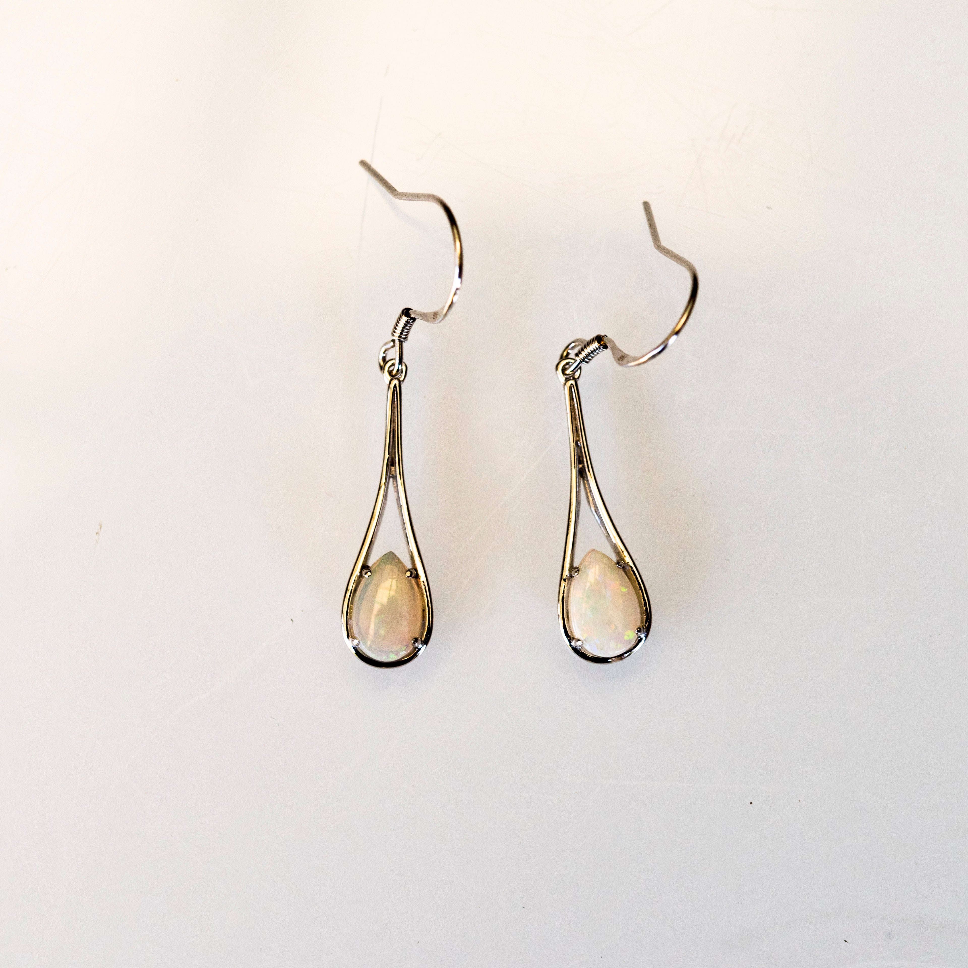 Genuine Australian Opal - Multi Color Fire Opal Earrings - Dangling Australian Solid White Opal Earrings in Sterling Silver White Gold Plated