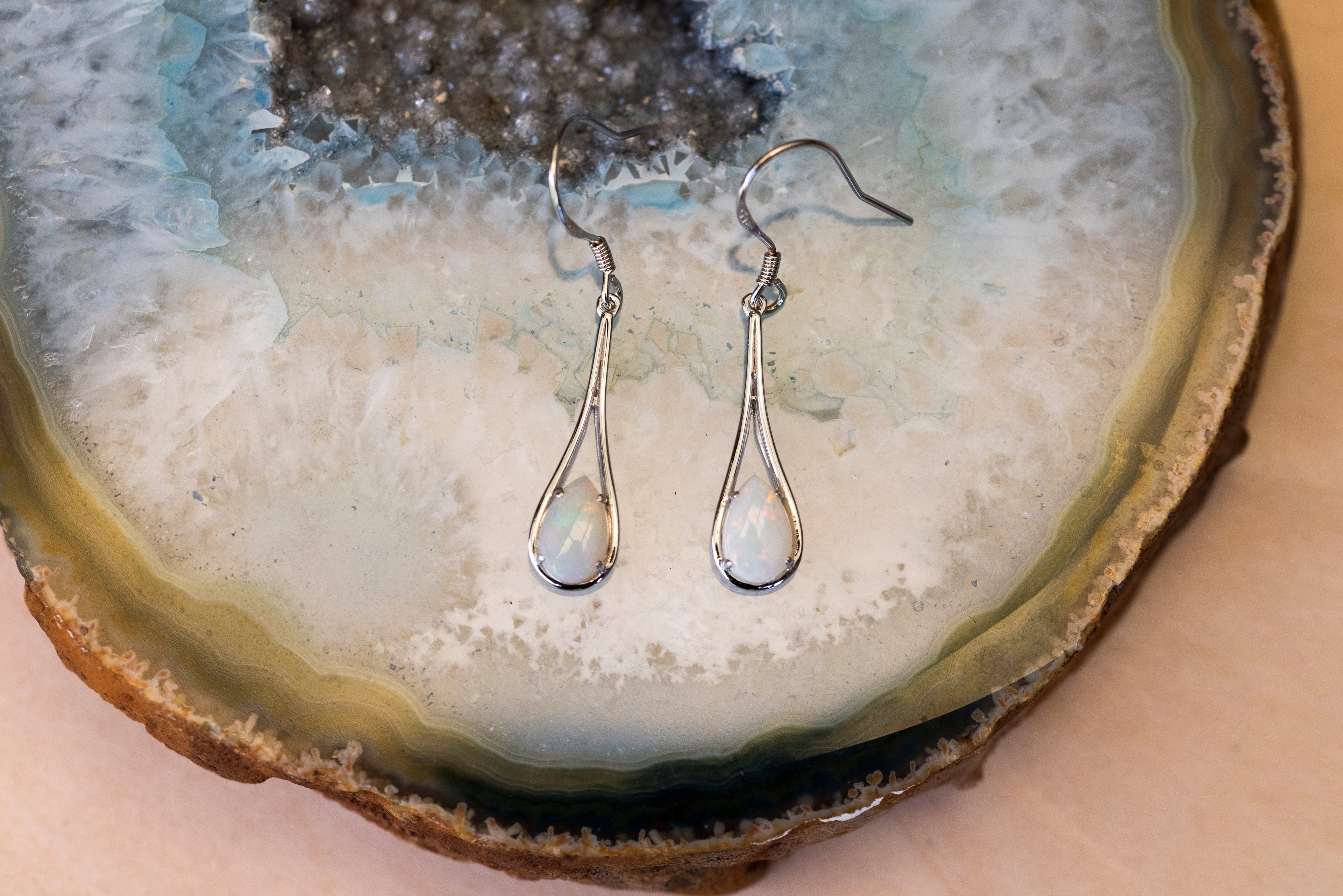 Genuine Australian Opal - Multi Color Fire Opal Earrings - Dangling Australian Solid White Opal Earrings in Sterling Silver White Gold Plated