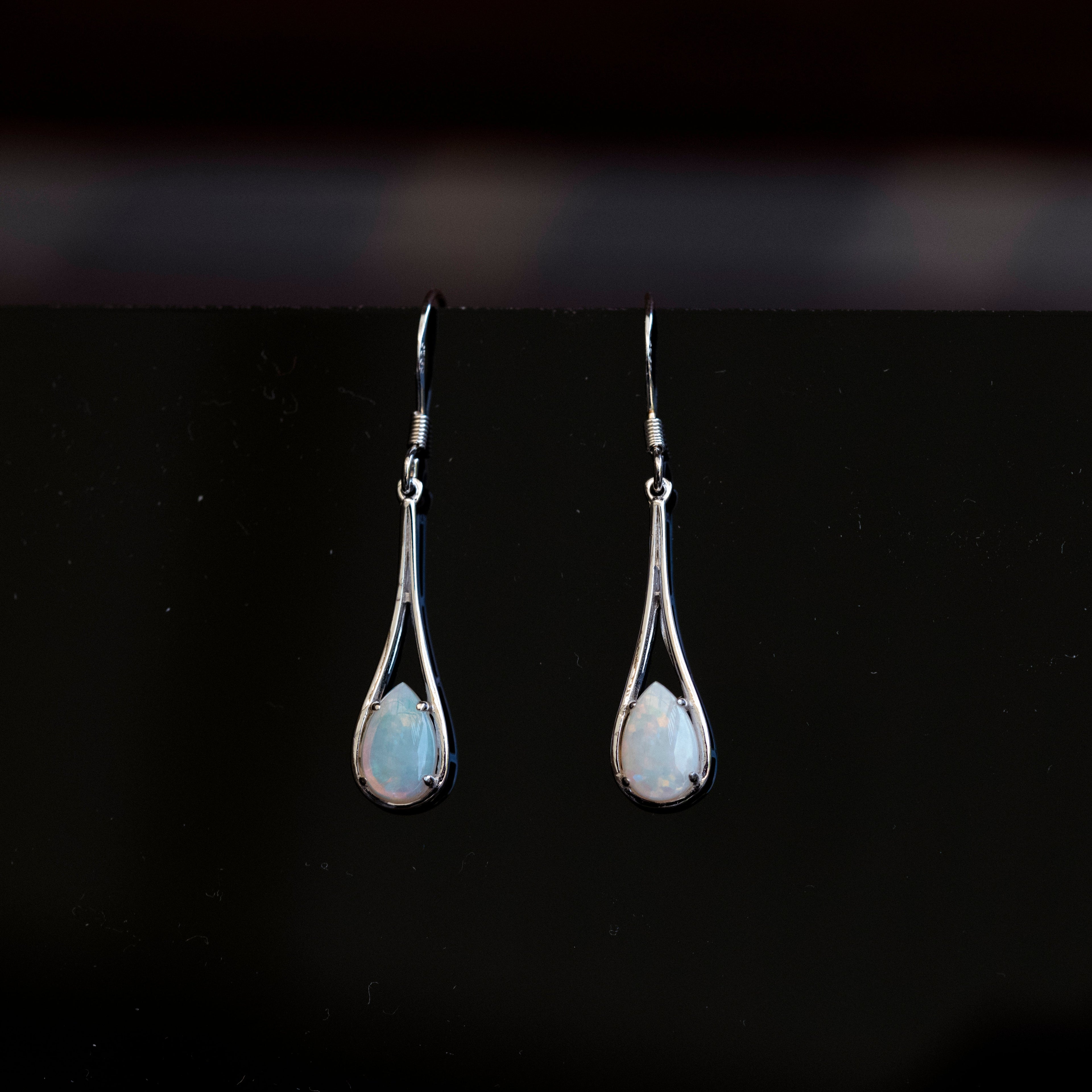 Genuine Australian Opal - Multi Color Fire Opal Earrings - Dangling Australian Solid White Opal Earrings in Sterling Silver White Gold Plated