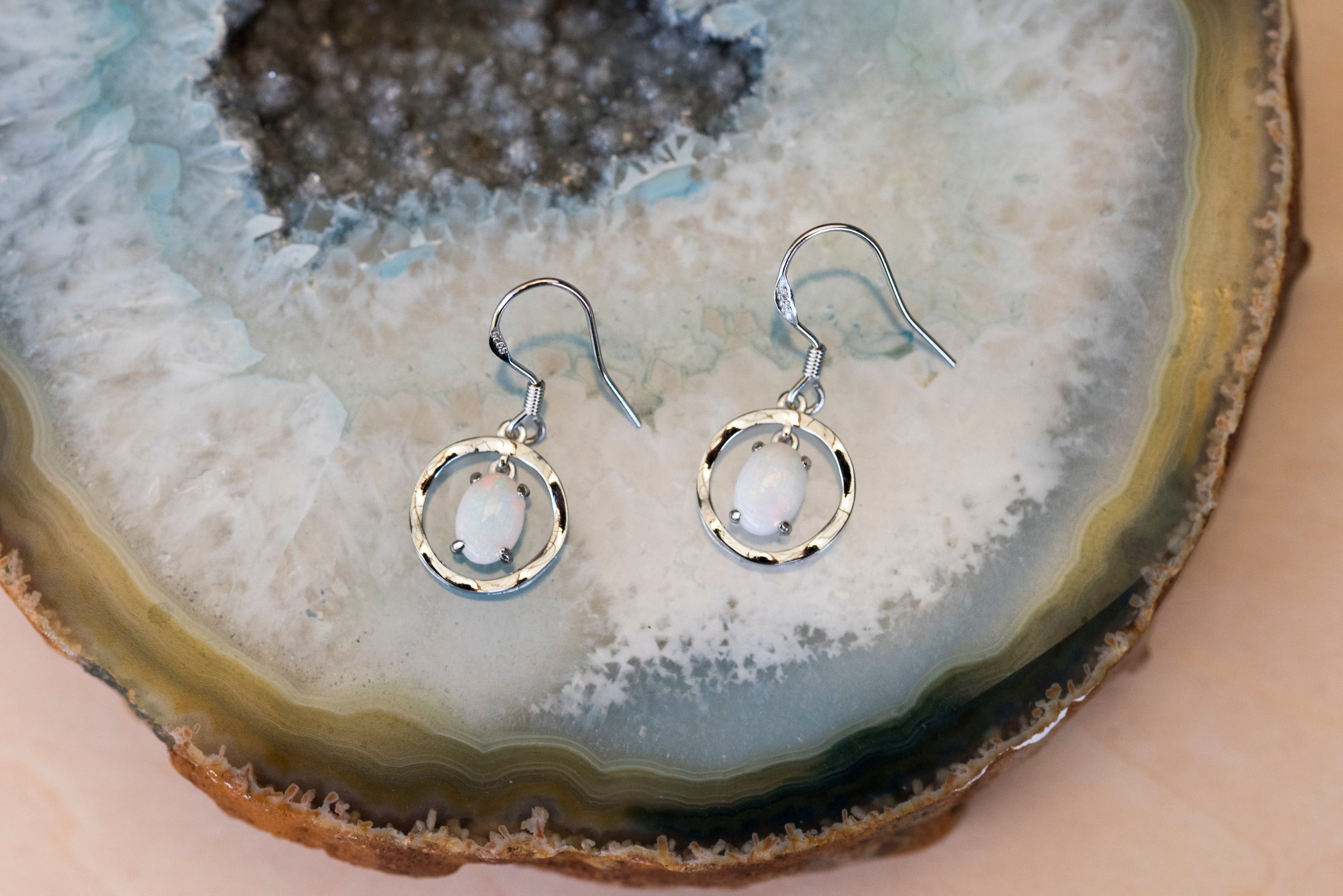 Australian White Opal - Multi Color Earrings - Authentic Australian Solid White Opal Earrings in Sterling Silver White Gold Plated