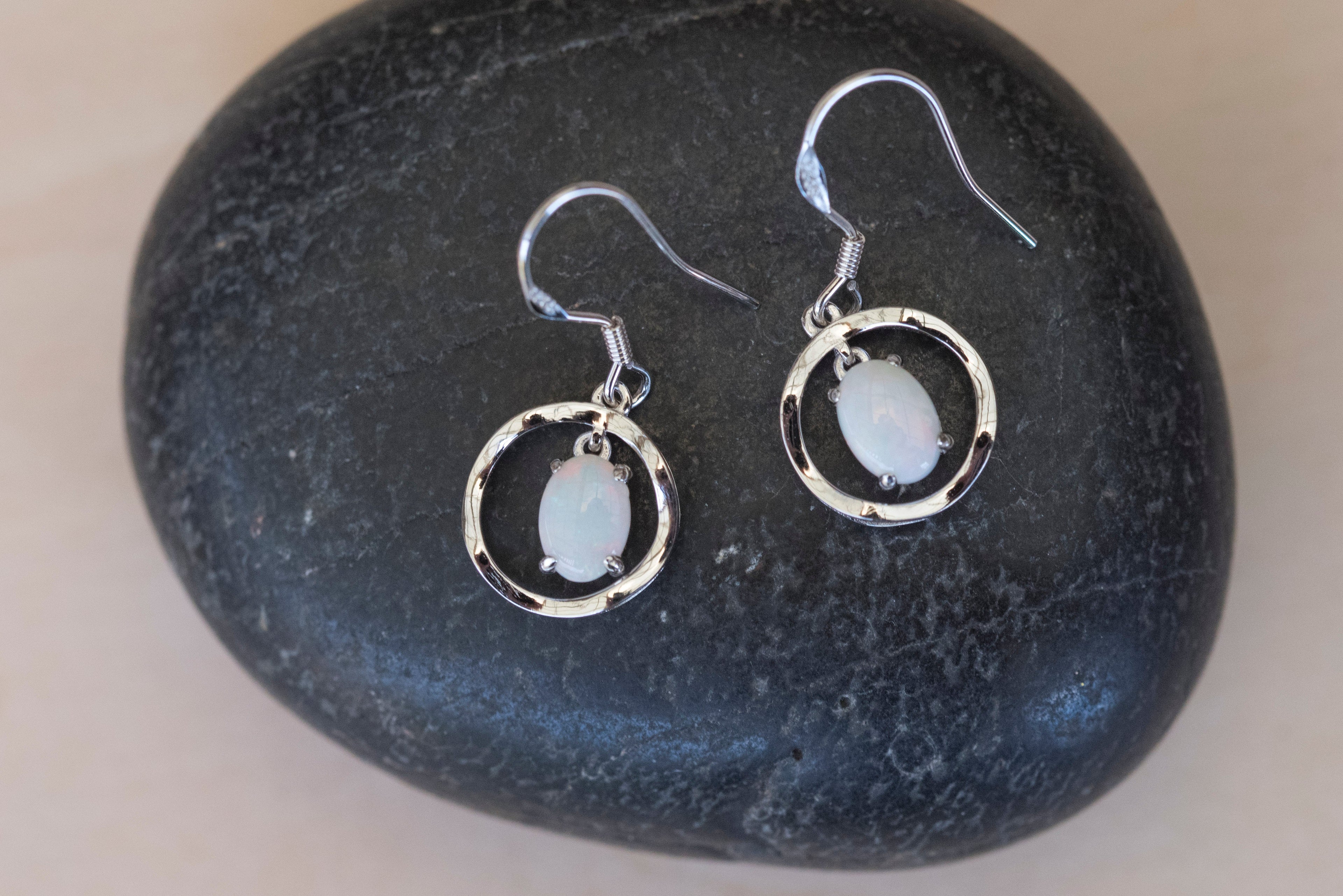 Australian White Opal - Multi Color Earrings - Authentic Australian Solid White Opal Earrings in Sterling Silver White Gold Plated