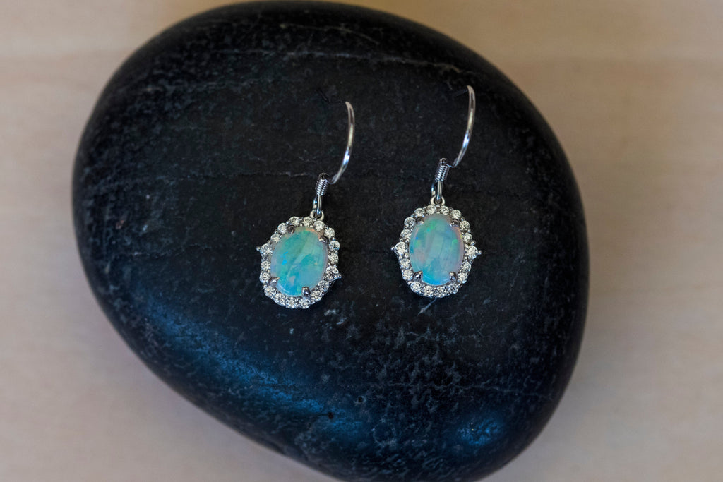 Luxury Design Australian Opal Jewelry - Multi Color Fire Opal Earrings - Australian Solid White Opal Earrings in Sterling Silver White Gold Plated