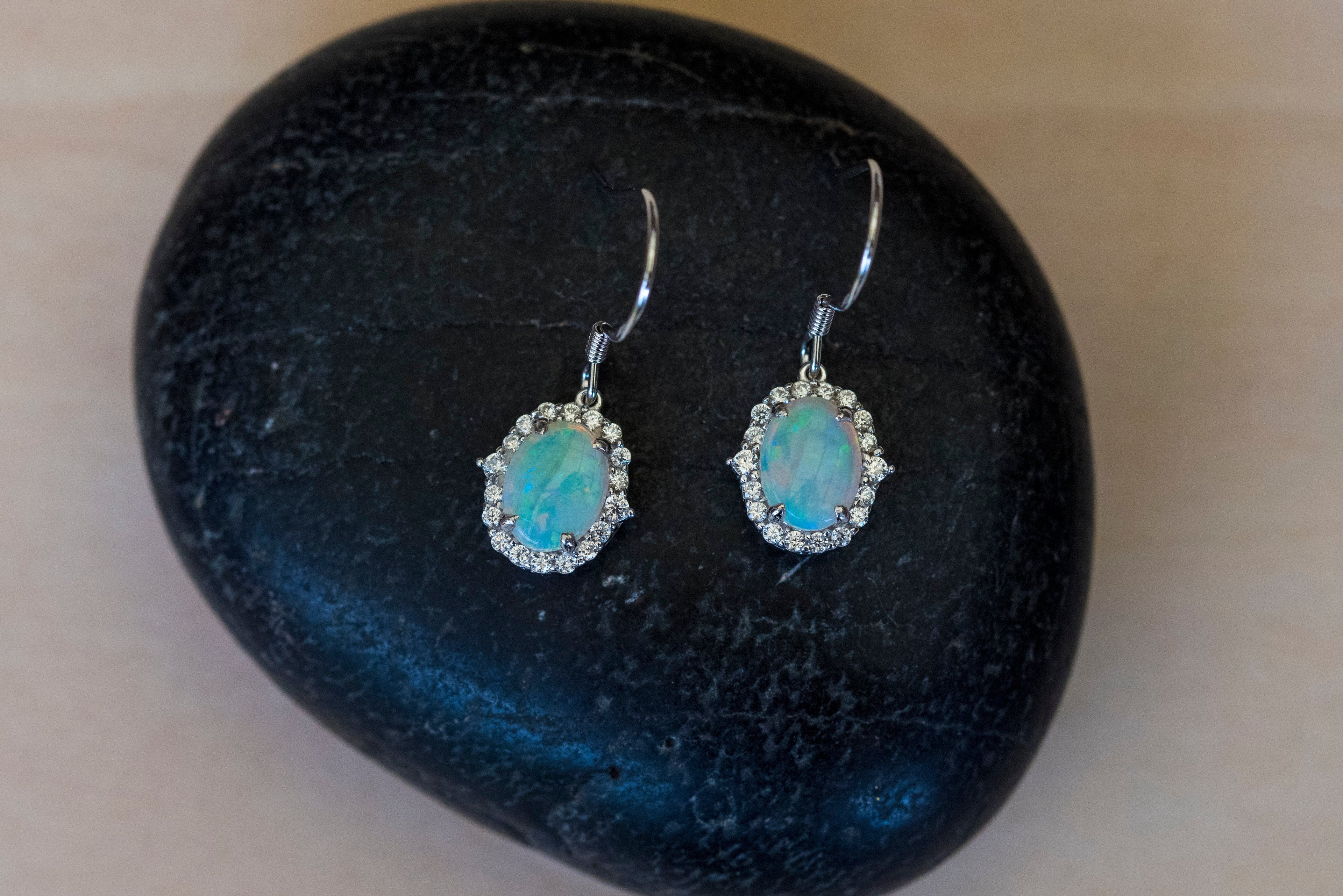 Luxury Design Australian Opal Jewelry - Multi Color Fire Opal Earrings - Australian Solid White Opal Earrings in Sterling Silver White Gold Plated