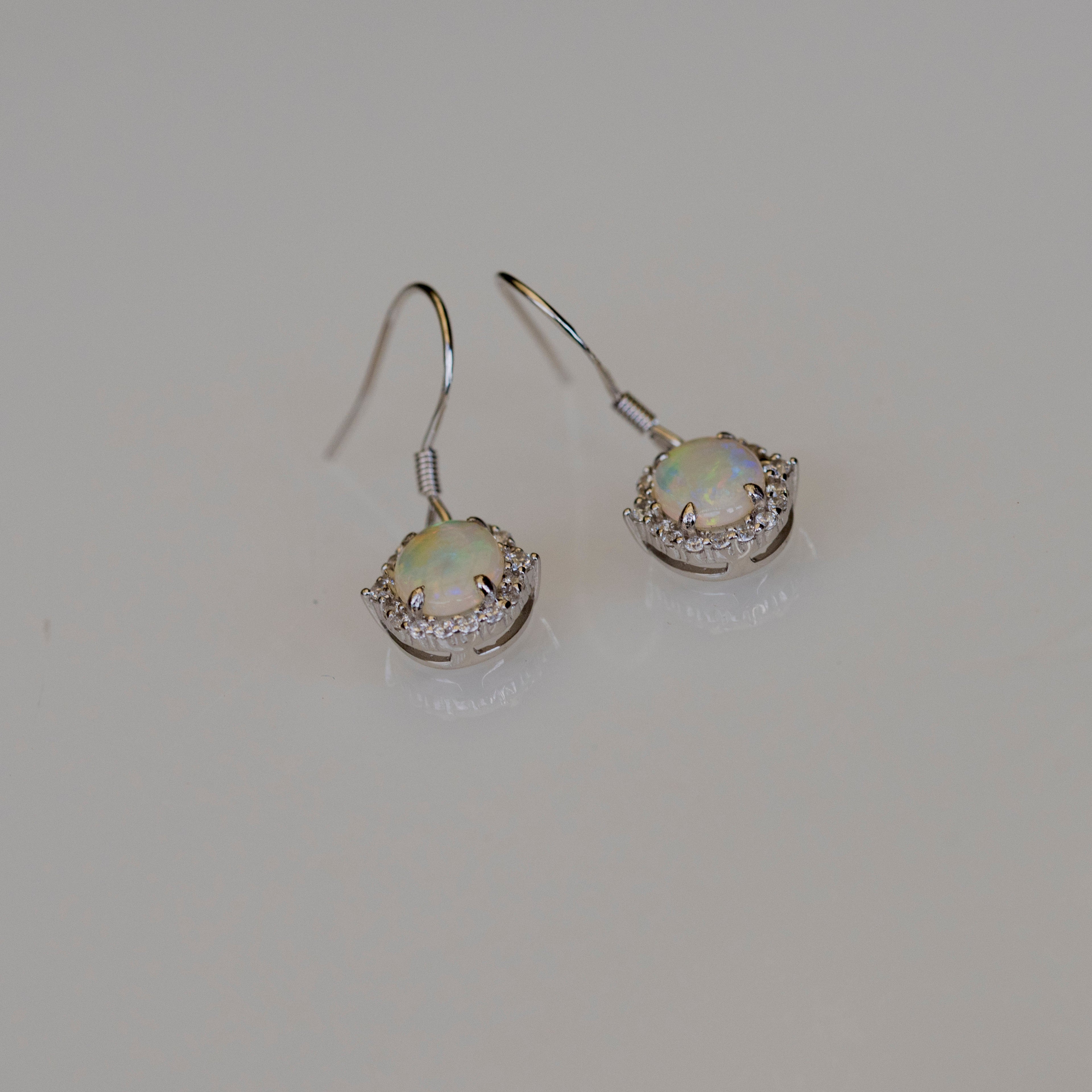 Luxury Design Australian Opal Jewelry - Multi Color Fire Opal Earrings - Australian Solid White Opal Earrings in Sterling Silver White Gold Plated
