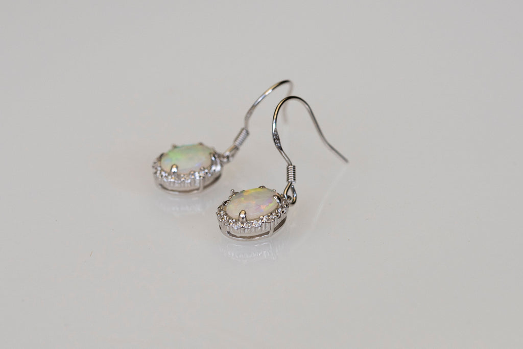 Luxury Design Australian Opal Jewelry - Multi Color Fire Opal Earrings - Australian Solid White Opal Earrings in Sterling Silver White Gold Plated