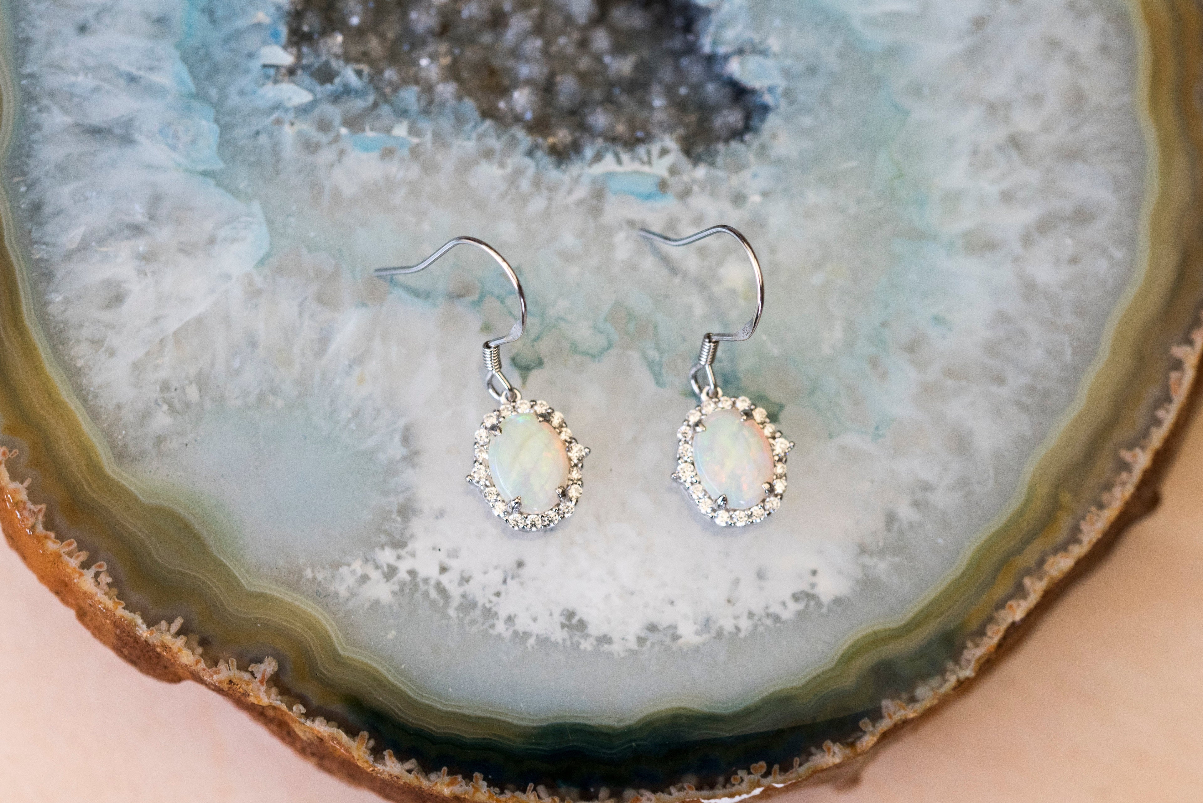 Luxury Design Australian Opal Jewelry - Multi Color Fire Opal Earrings - Australian Solid White Opal Earrings in Sterling Silver White Gold Plated