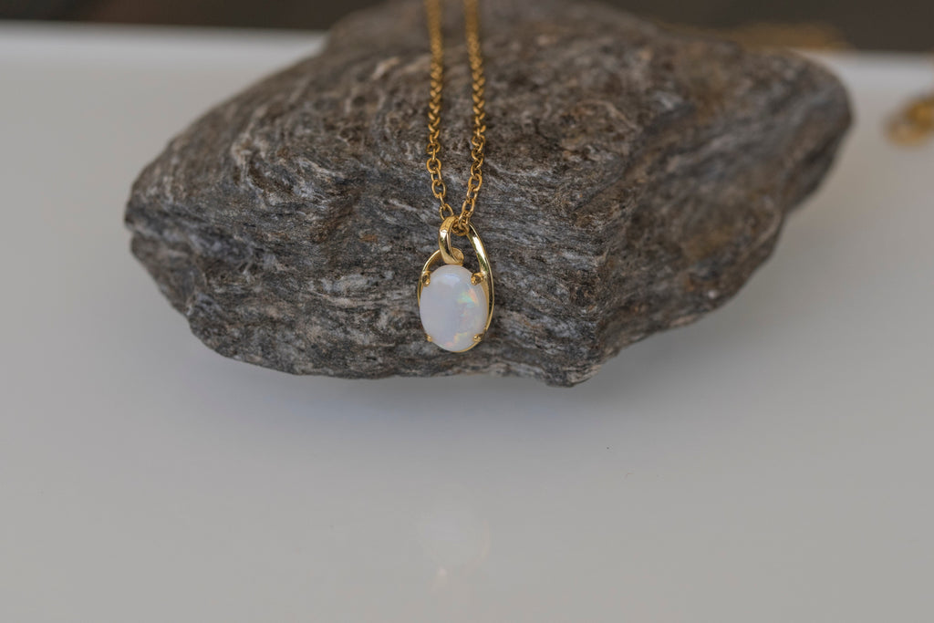 Genuine Australian Opal - Multi Color White Opal Necklace - Authentic Australian Solid Opal Necklace Pendant in Sterling Silver Yellow Gold Plated