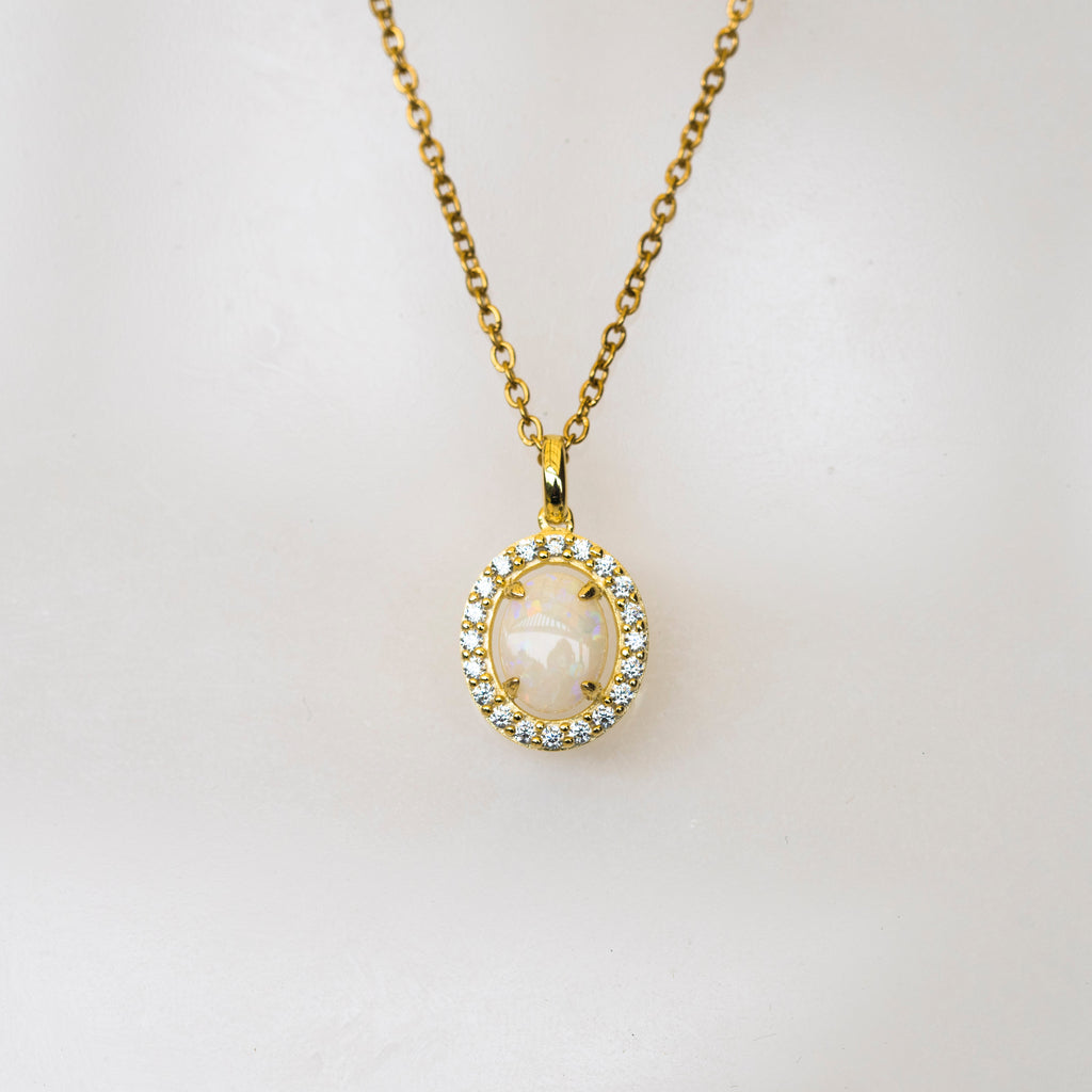 Authentic Australian White Opal Necklace – Multi-Color Solid Opal Pendant in Yellow Gold Plated Sterling Silver