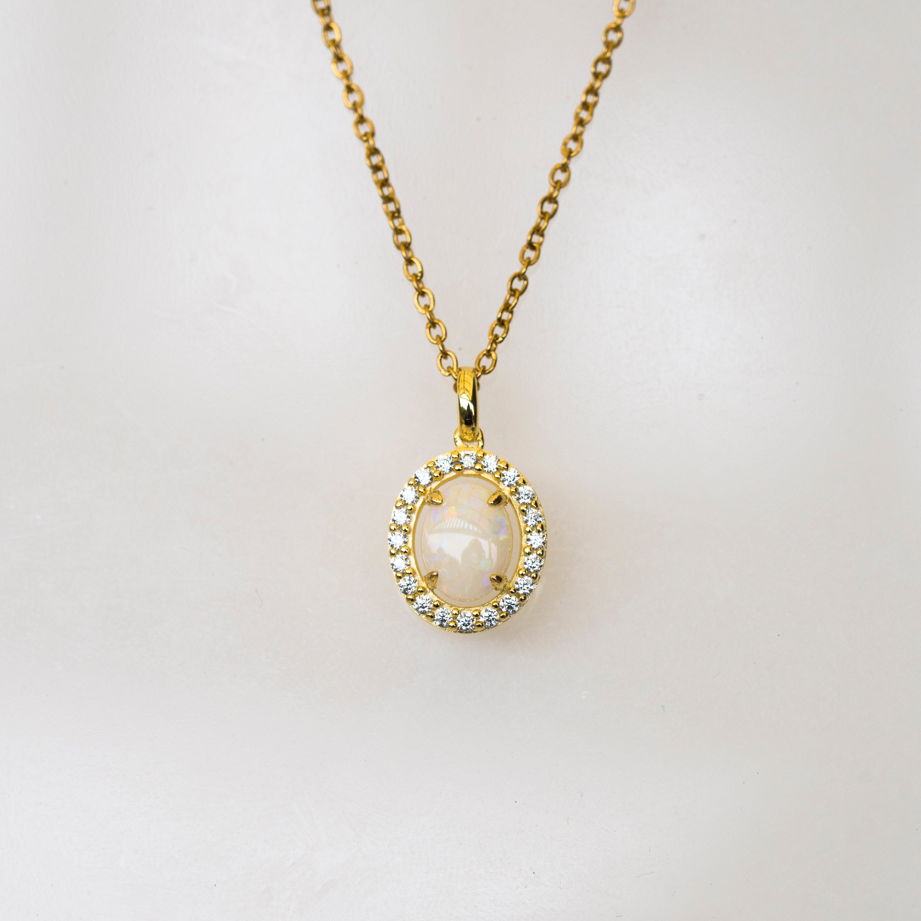 Authentic Australian White Opal Necklace – Multi-Color Solid Opal Pendant in Yellow Gold Plated Sterling Silver
