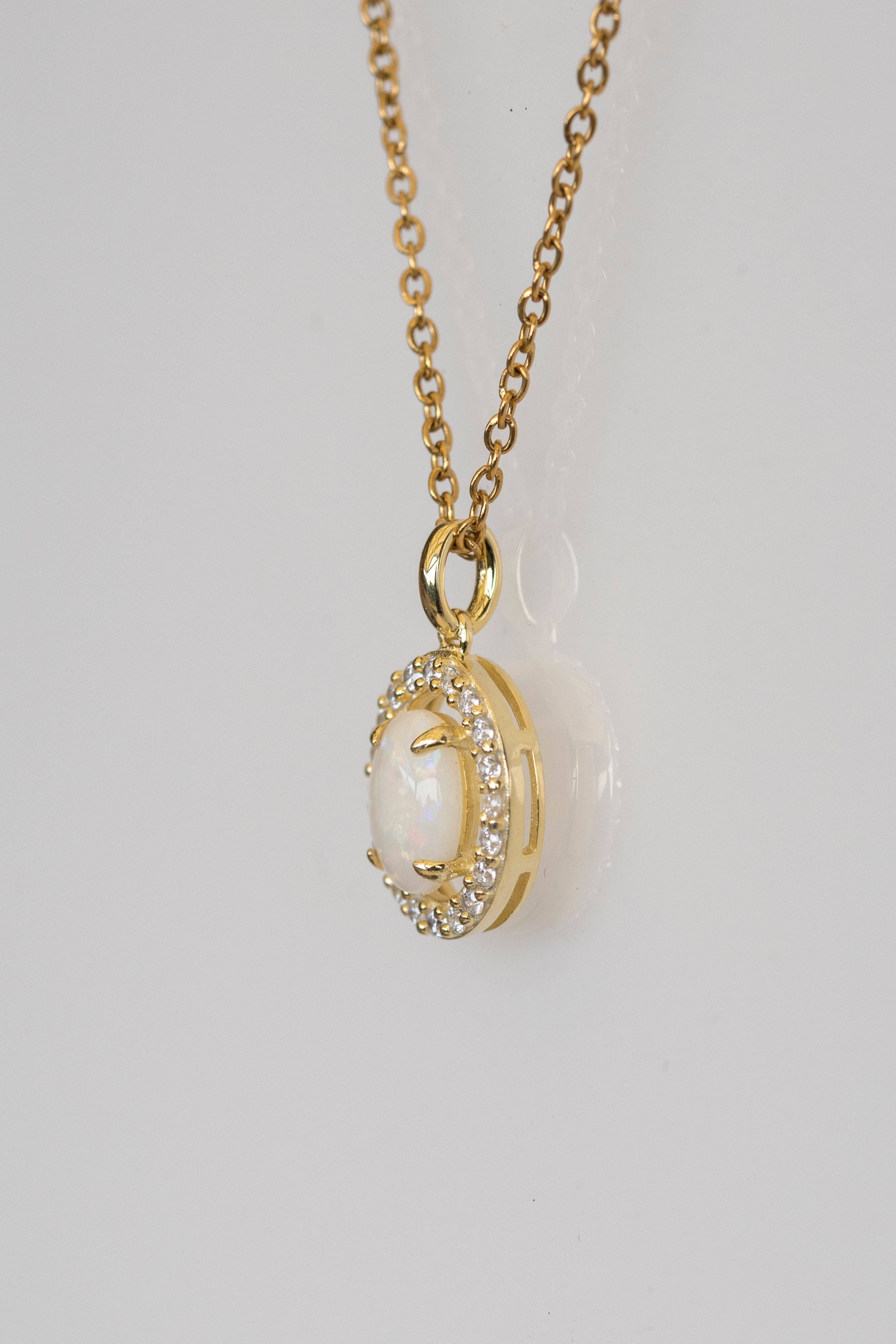 Authentic Australian White Opal Necklace – Multi-Color Solid Opal Pendant in Yellow Gold Plated Sterling Silver