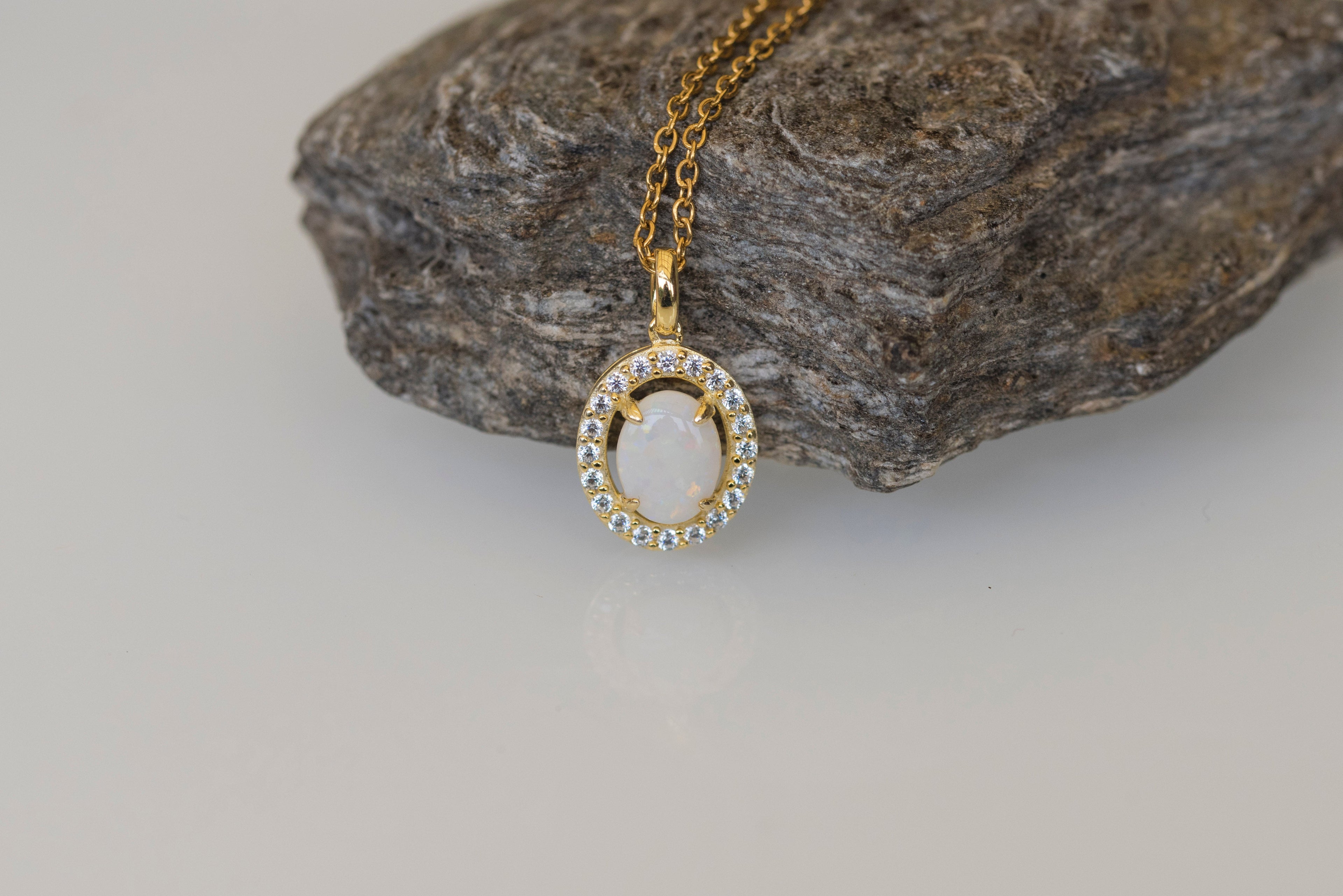 Authentic Australian White Opal Necklace – Multi-Color Solid Opal Pendant in Yellow Gold Plated Sterling Silver