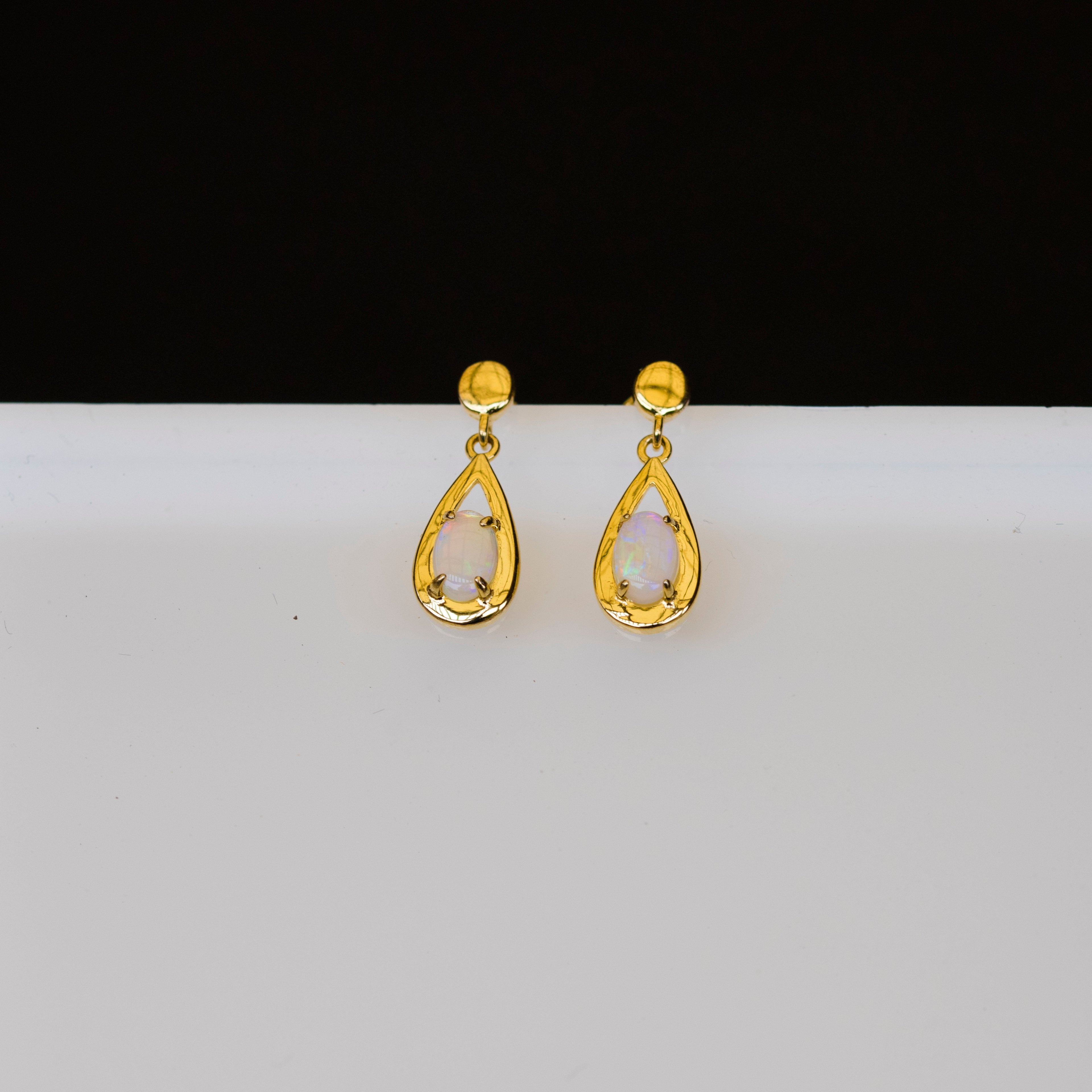 Australian White Opal - Multi Color Fire Opal Earrings - Australian Solid White Opal Earrings in Sterling Silver Yellow Gold Plated