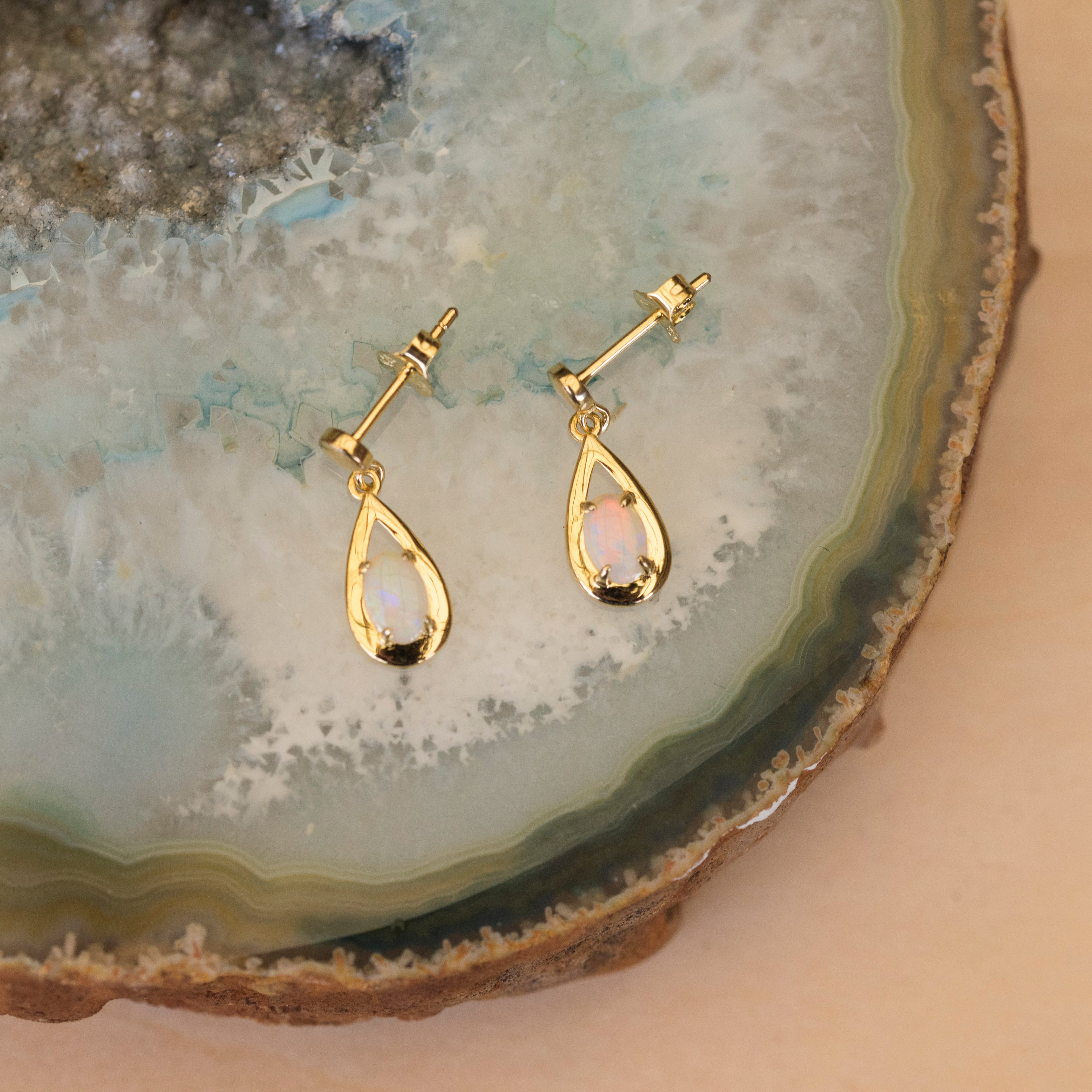 Australian White Opal - Multi Color Fire Opal Earrings - Australian Solid White Opal Earrings in Sterling Silver Yellow Gold Plated