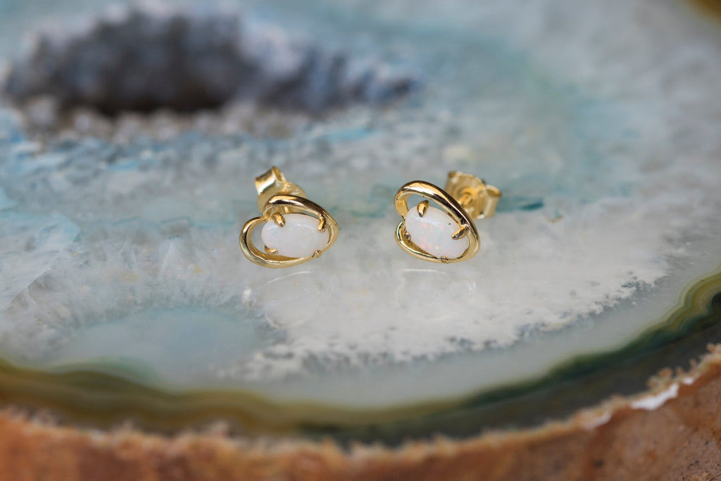 Genuine Australian Opal - Fire Opal Multi Color Earrings - Dainty White Opal Earrings in Sterling Silver Yellow Gold Plated