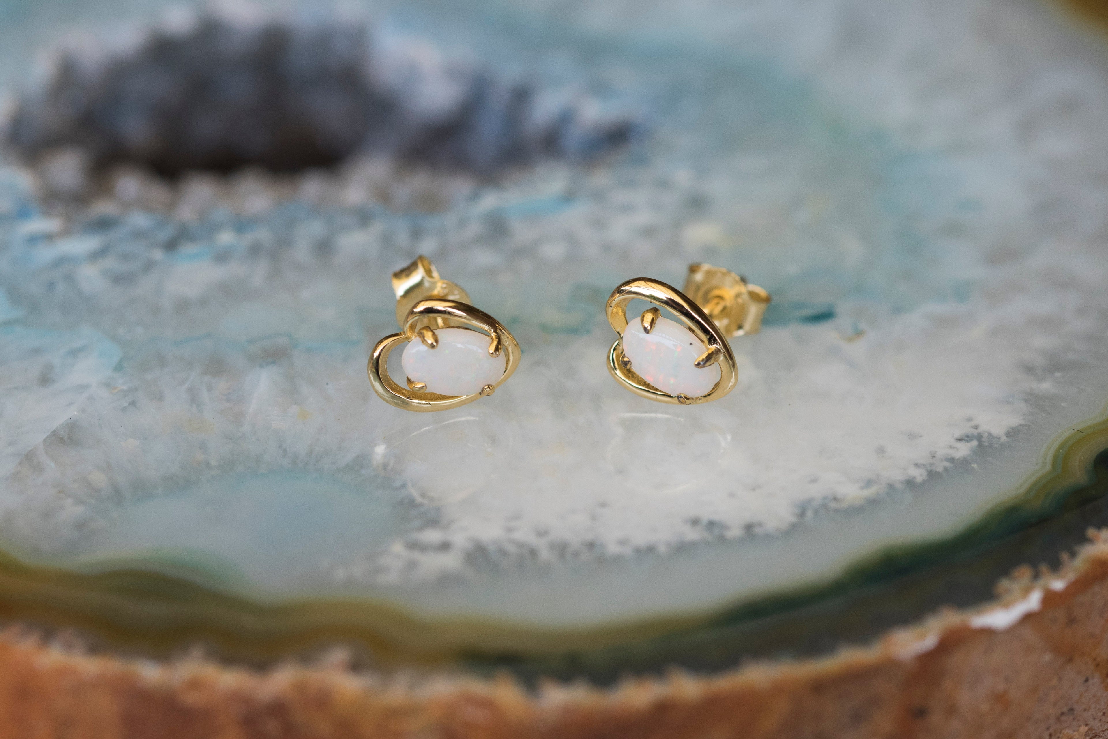 Genuine Australian Opal - Fire Opal Multi Color Earrings - Dainty White Opal Earrings in Sterling Silver Yellow Gold Plated