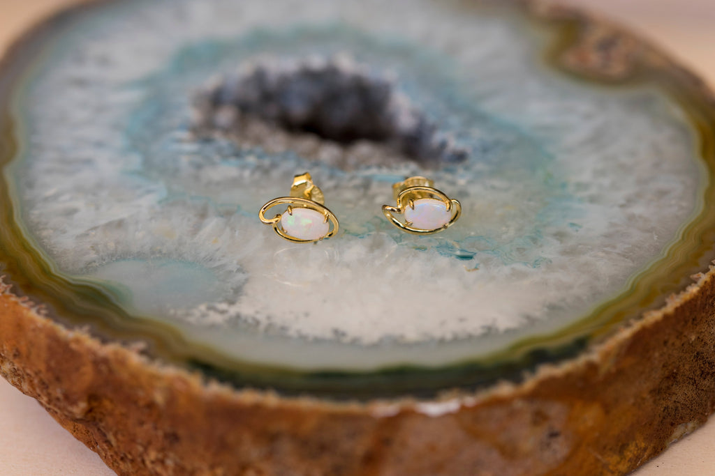 Genuine Australian Opal - Multi Color Fire Opal Earrings - Australian Solid White Opal Earrings in Sterling Silver Yellow Gold Plated