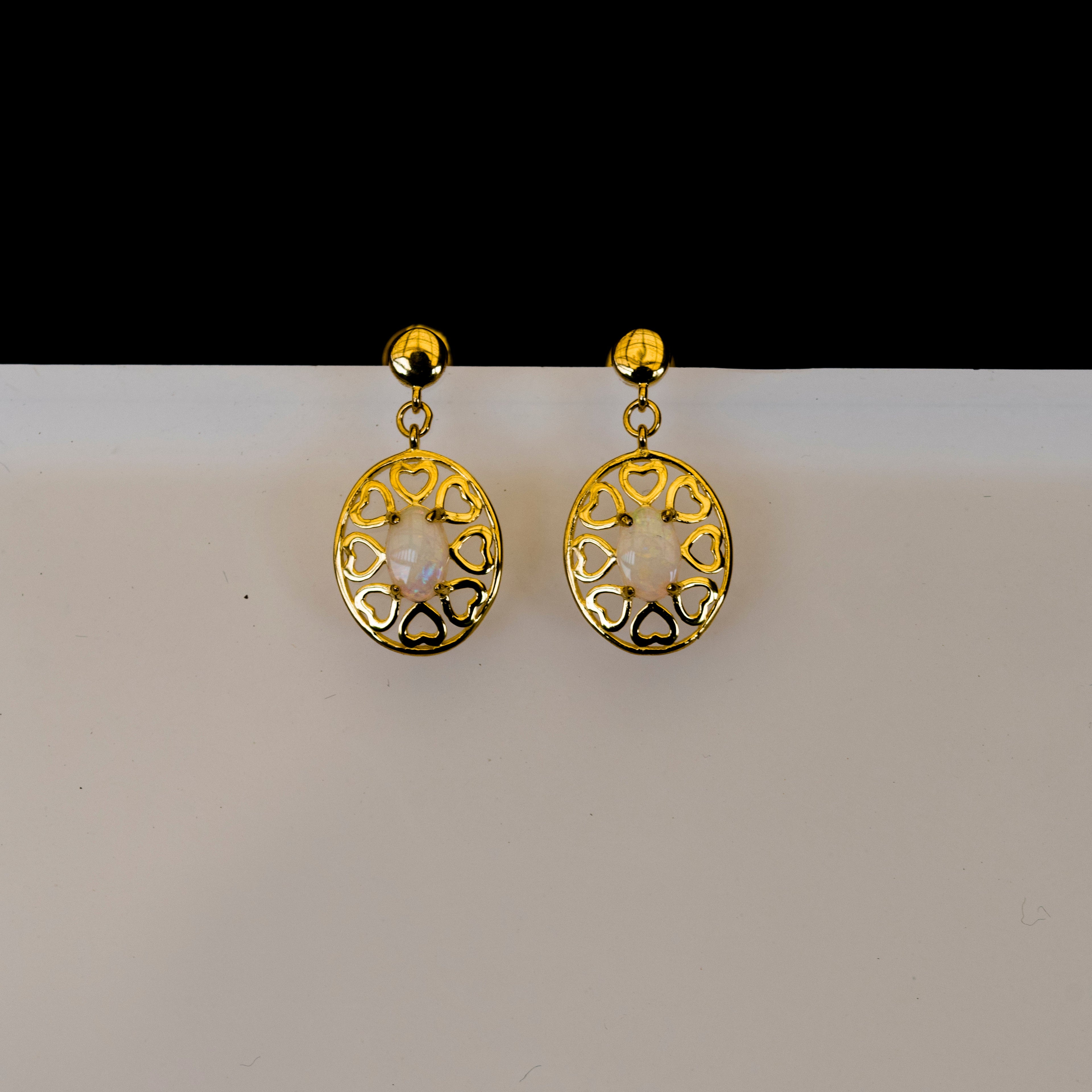 Authentic Australian Opal, Dropping Earrings – Solid White Multi-Color Fire Opal, Sterling Silver with Yellow Gold Plating