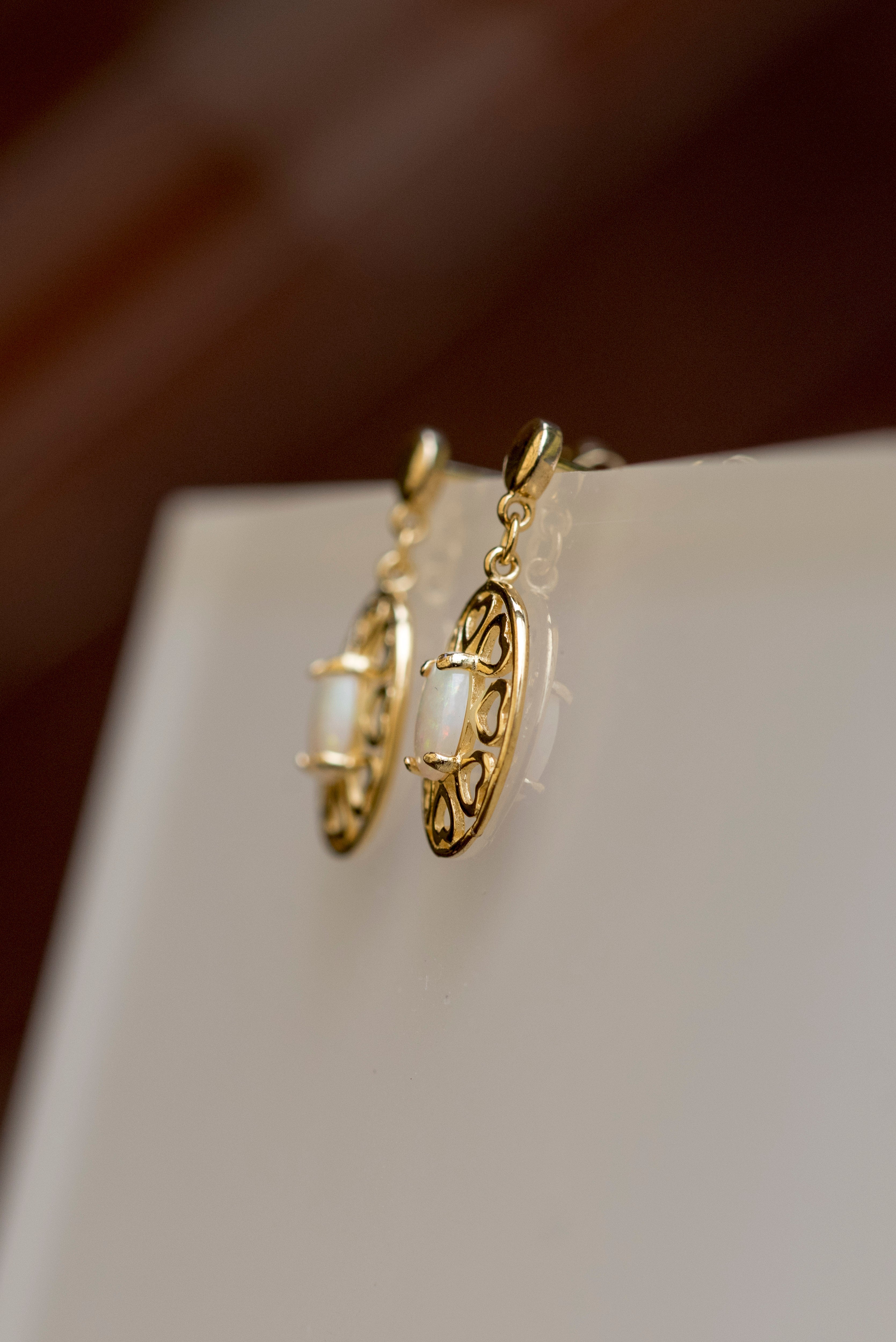 Authentic Australian Opal, Dropping Earrings – Solid White Multi-Color Fire Opal, Sterling Silver with Yellow Gold Plating