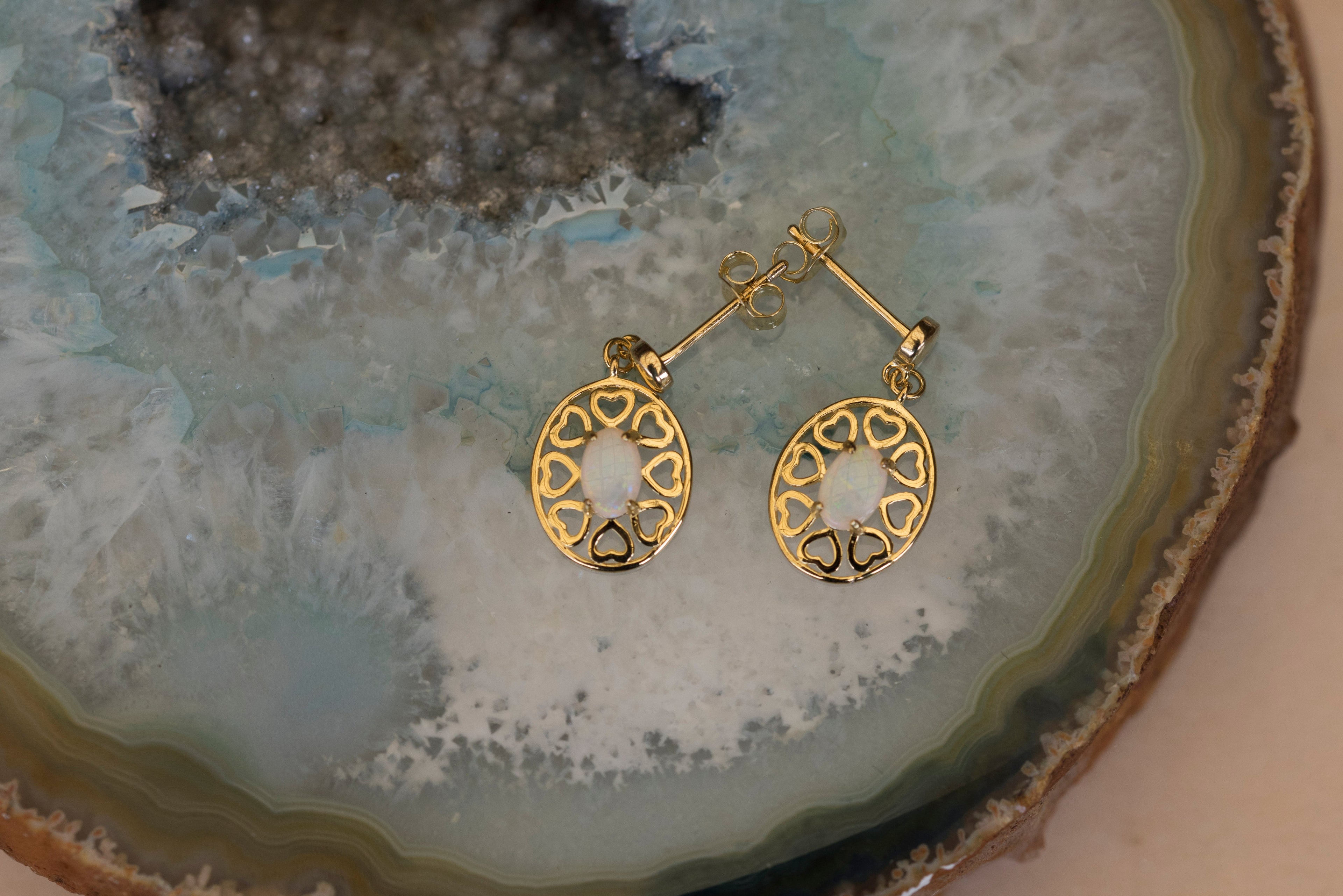 Authentic Australian Opal, Dropping Earrings – Solid White Multi-Color Fire Opal, Sterling Silver with Yellow Gold Plating