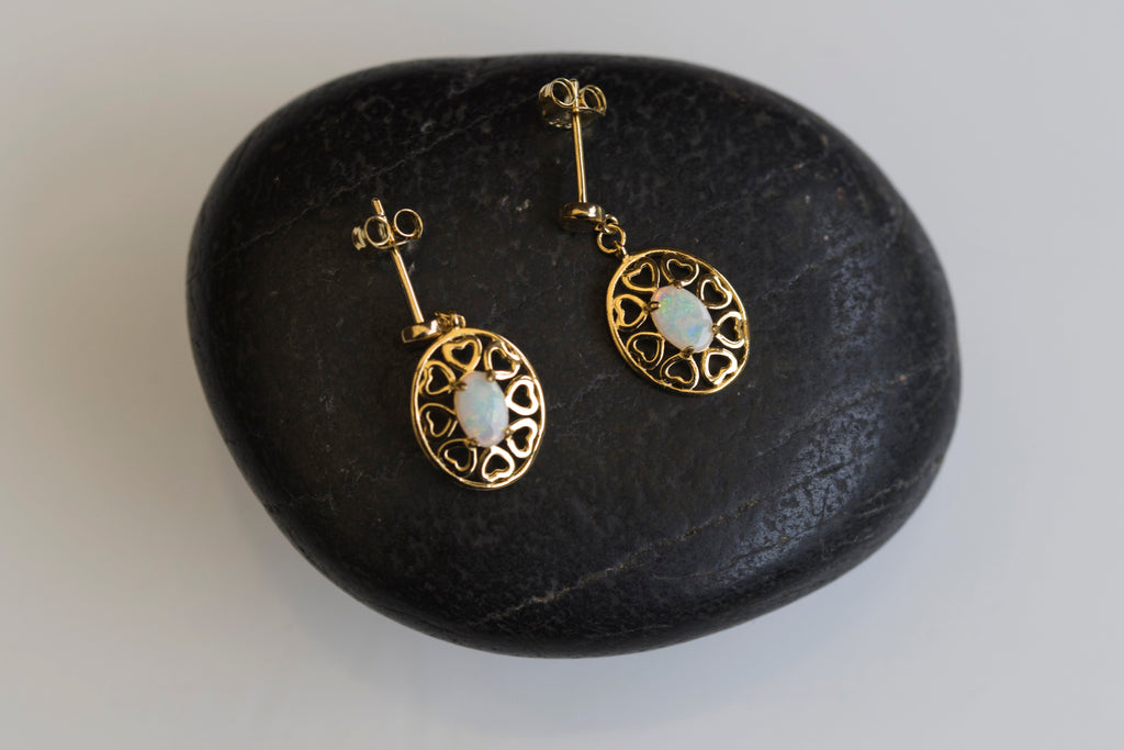 Authentic Australian Opal, Dropping Earrings – Solid White Multi-Color Fire Opal, Sterling Silver with Yellow Gold Plating