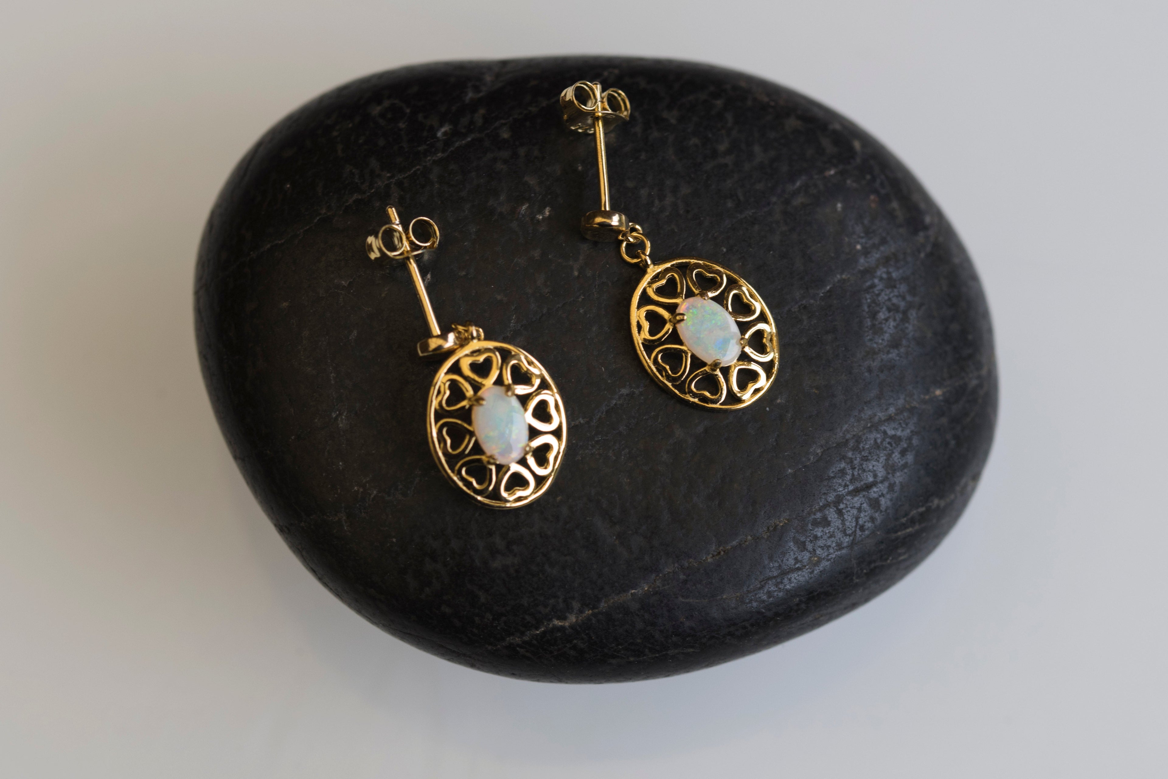 Authentic Australian Opal, Dropping Earrings – Solid White Multi-Color Fire Opal, Sterling Silver with Yellow Gold Plating