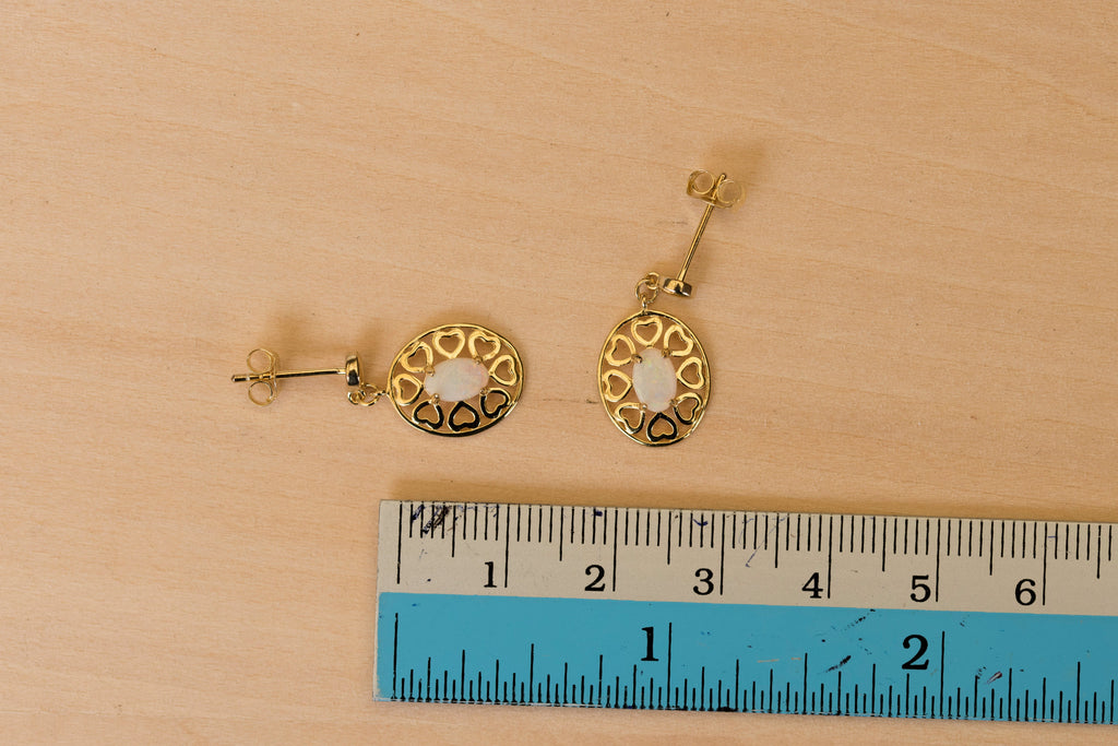 Authentic Australian Opal, Dropping Earrings – Solid White Multi-Color Fire Opal, Sterling Silver with Yellow Gold Plating