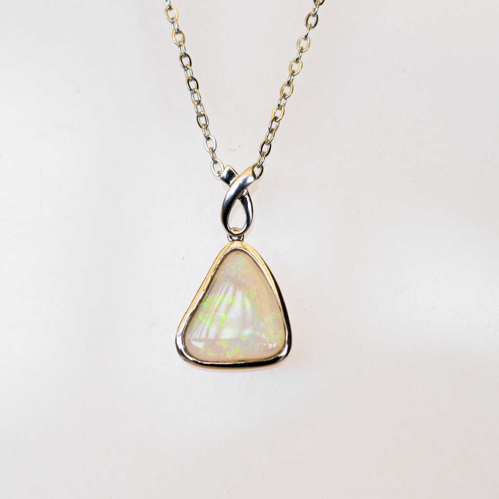 Australian Crystal Opal - Genuine Authentic Multi Color Fire Opal Necklace -  Solid Opal Gem Stone Pendant in Sterling Silver White Gold Plated