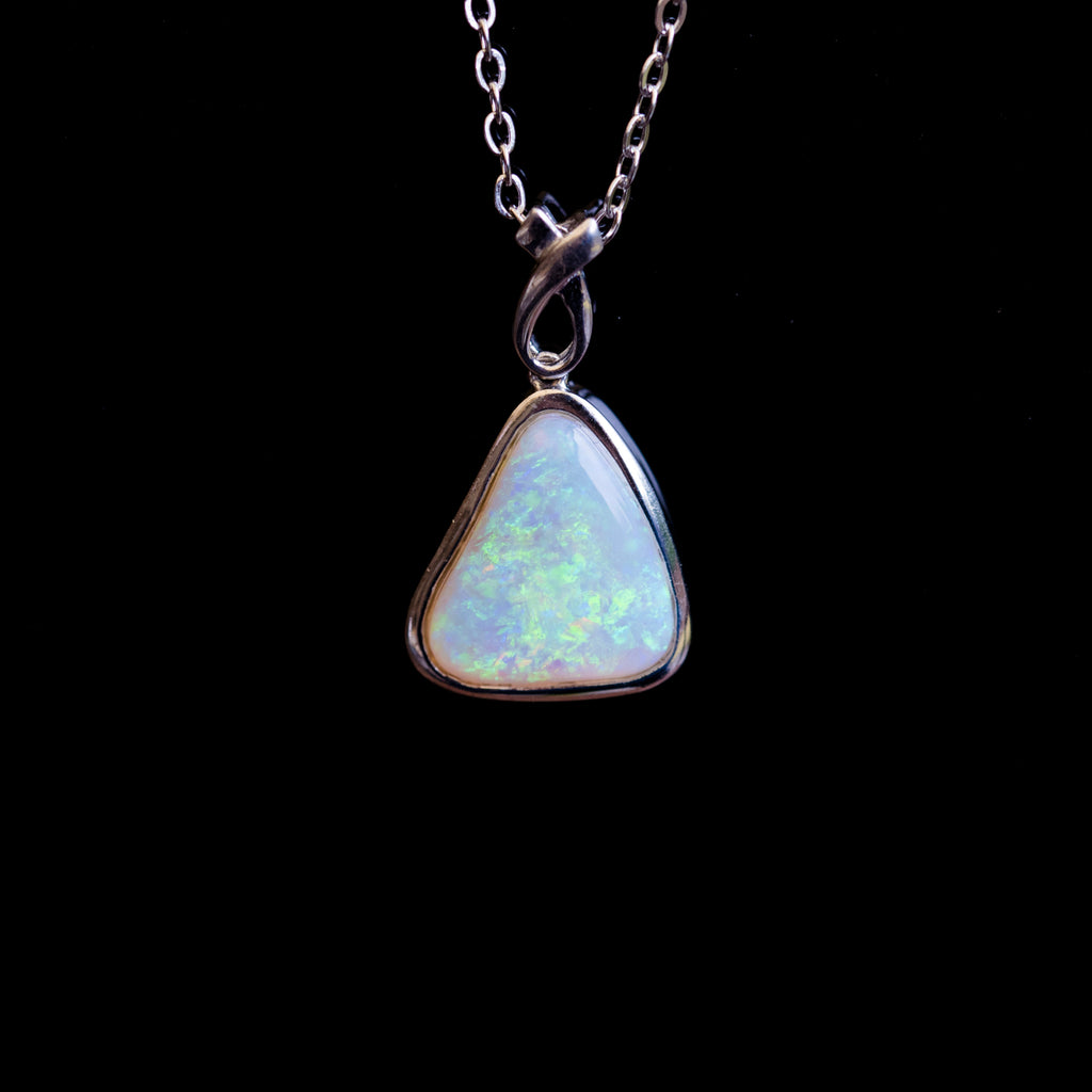Australian Crystal Opal - Genuine Authentic Multi Color Fire Opal Necklace -  Solid Opal Gem Stone Pendant in Sterling Silver White Gold Plated