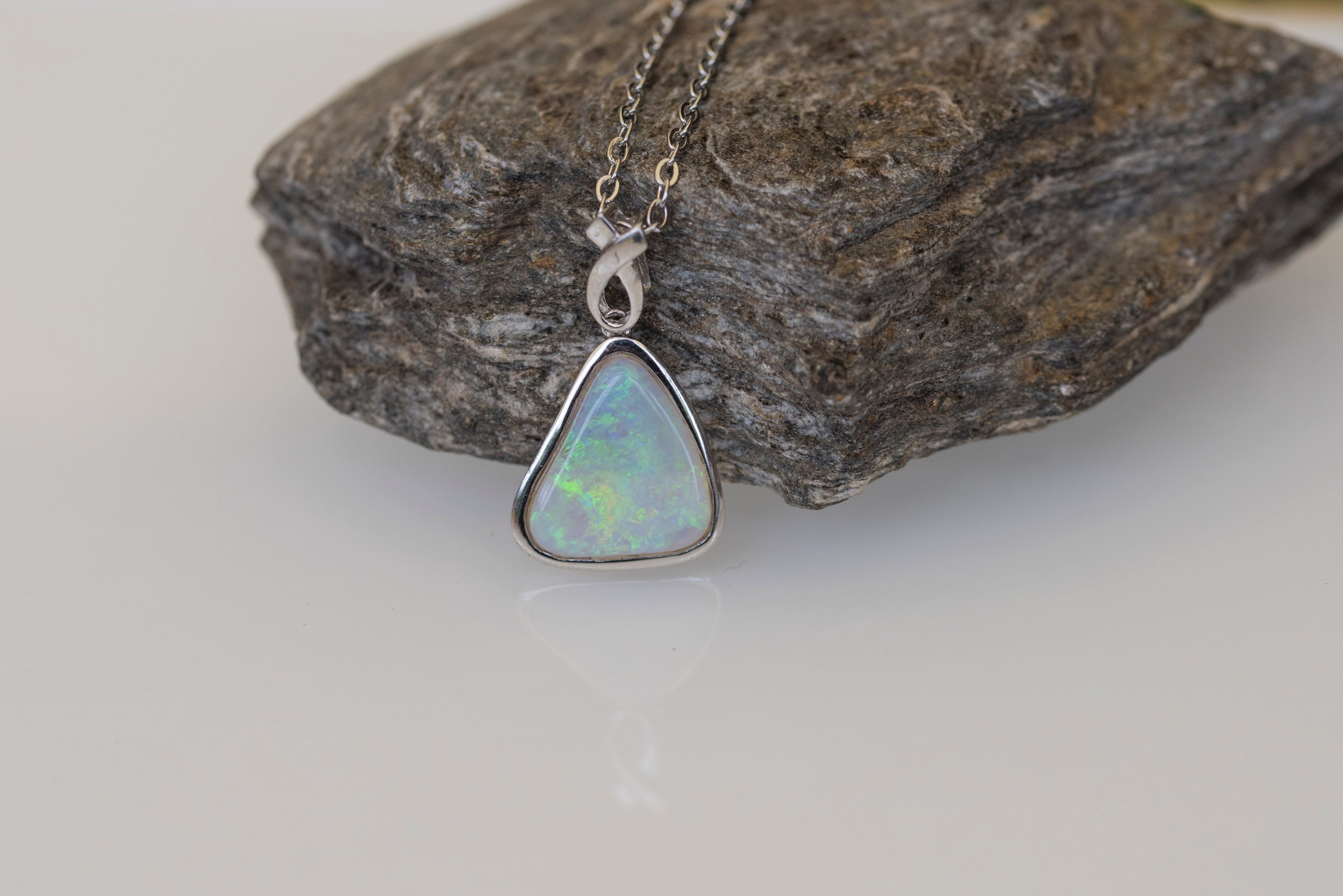Australian Crystal Opal - Genuine Authentic Multi Color Fire Opal Necklace -  Solid Opal Gem Stone Pendant in Sterling Silver White Gold Plated