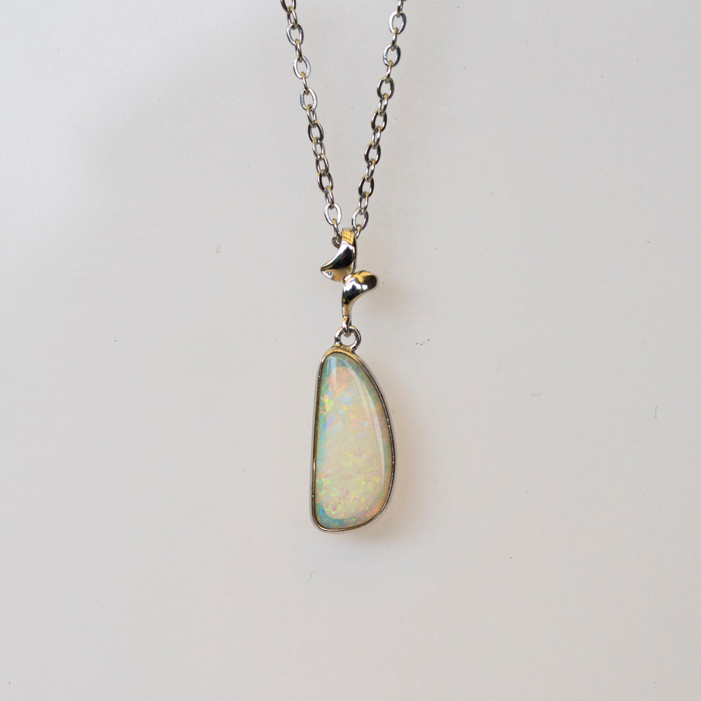 Australian Crystal Opal Pendant - Genuine Authentic Multi Color Fire Opal Necklace - Solid Opal Gem Stone Pendant in Sterling Silver White Gold Plated