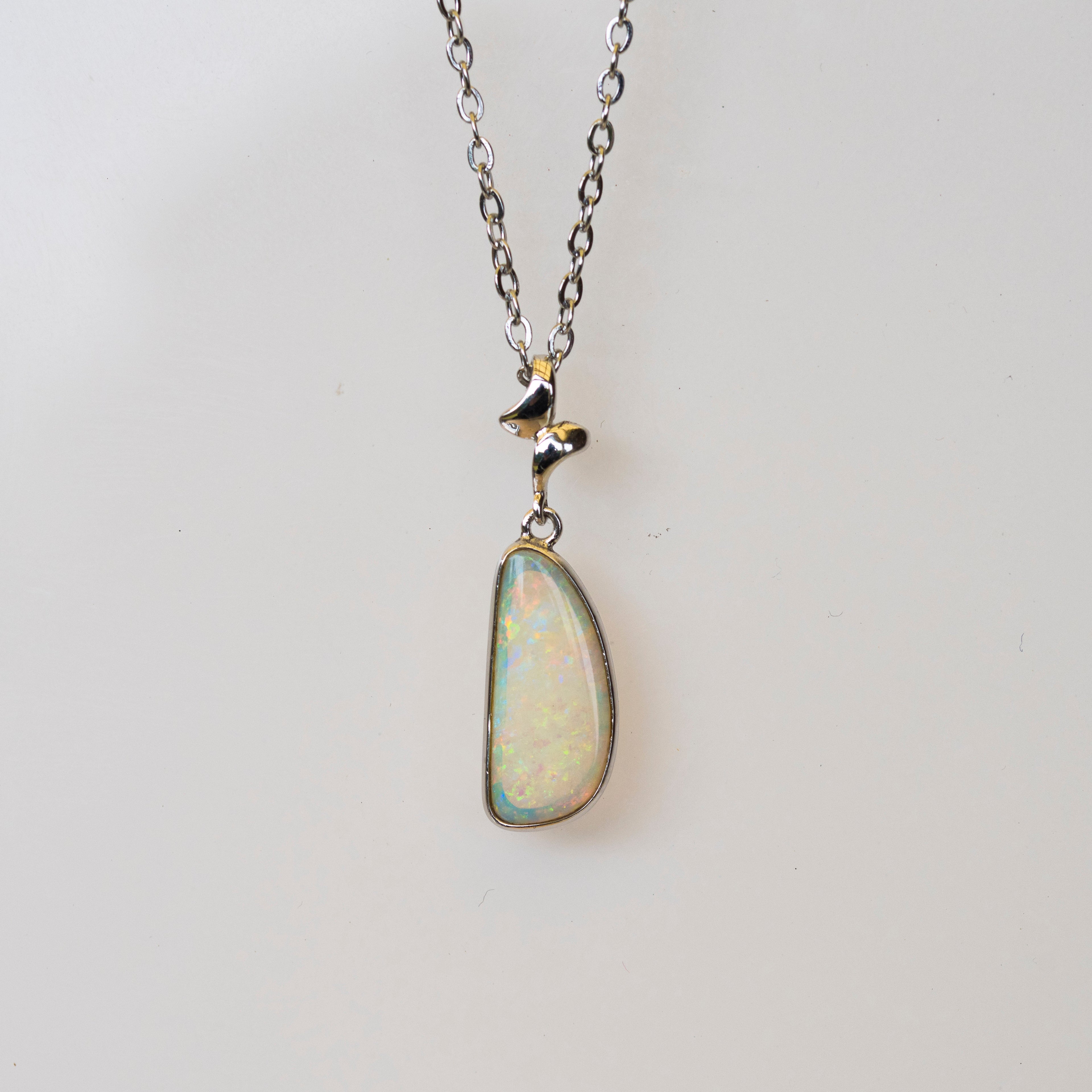 Australian Crystal Opal Pendant - Genuine Authentic Multi Color Fire Opal Necklace - Solid Opal Gem Stone Pendant in Sterling Silver White Gold Plated