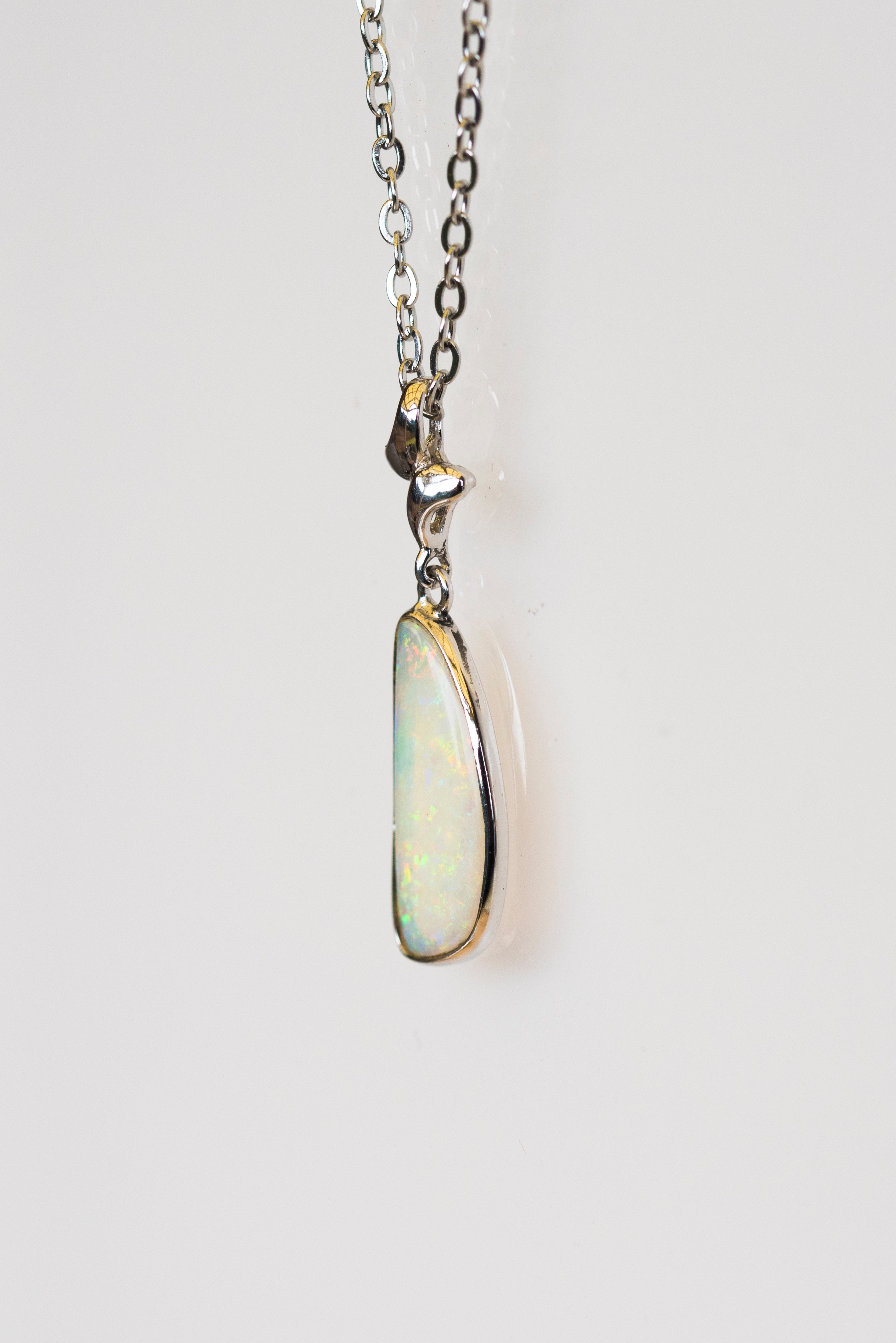 Australian Crystal Opal Pendant - Genuine Authentic Multi Color Fire Opal Necklace - Solid Opal Gem Stone Pendant in Sterling Silver White Gold Plated