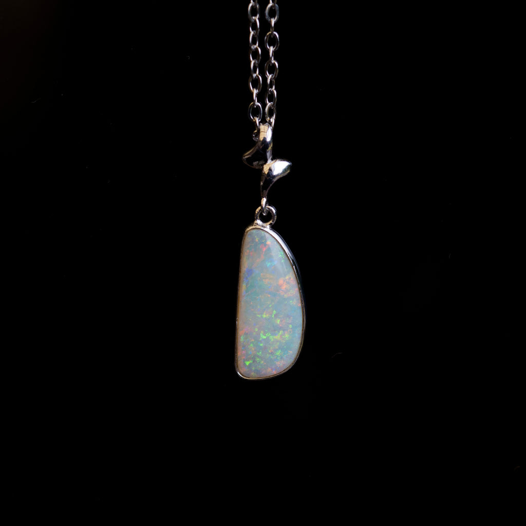 Australian Crystal Opal Pendant - Genuine Authentic Multi Color Fire Opal Necklace - Solid Opal Gem Stone Pendant in Sterling Silver White Gold Plated
