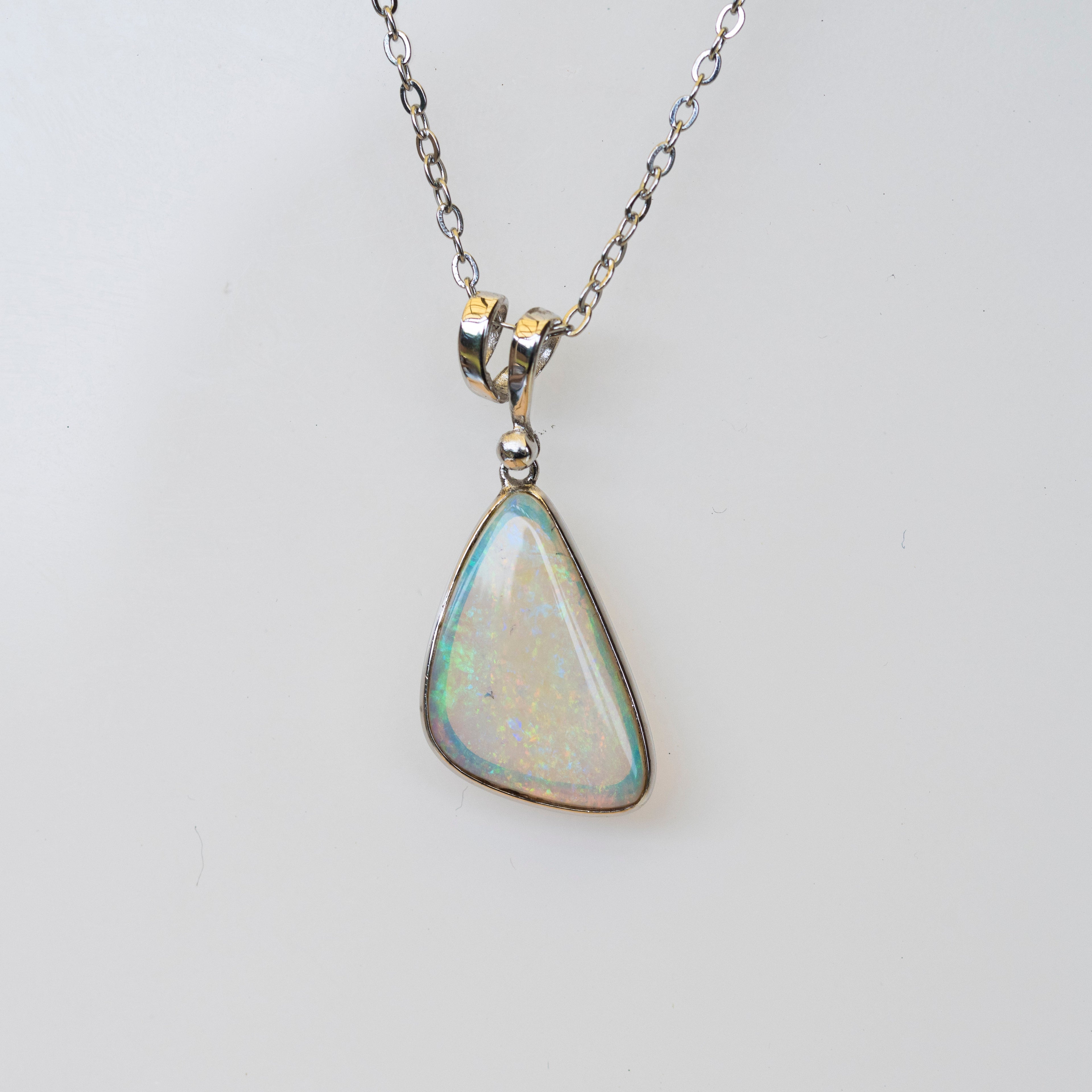 Australian Crystal Opal - Genuine Authentic Multi Color Fire Opal Necklace -  Solid Opal Gem Stone Pendant in Sterling Silver White Gold Plated