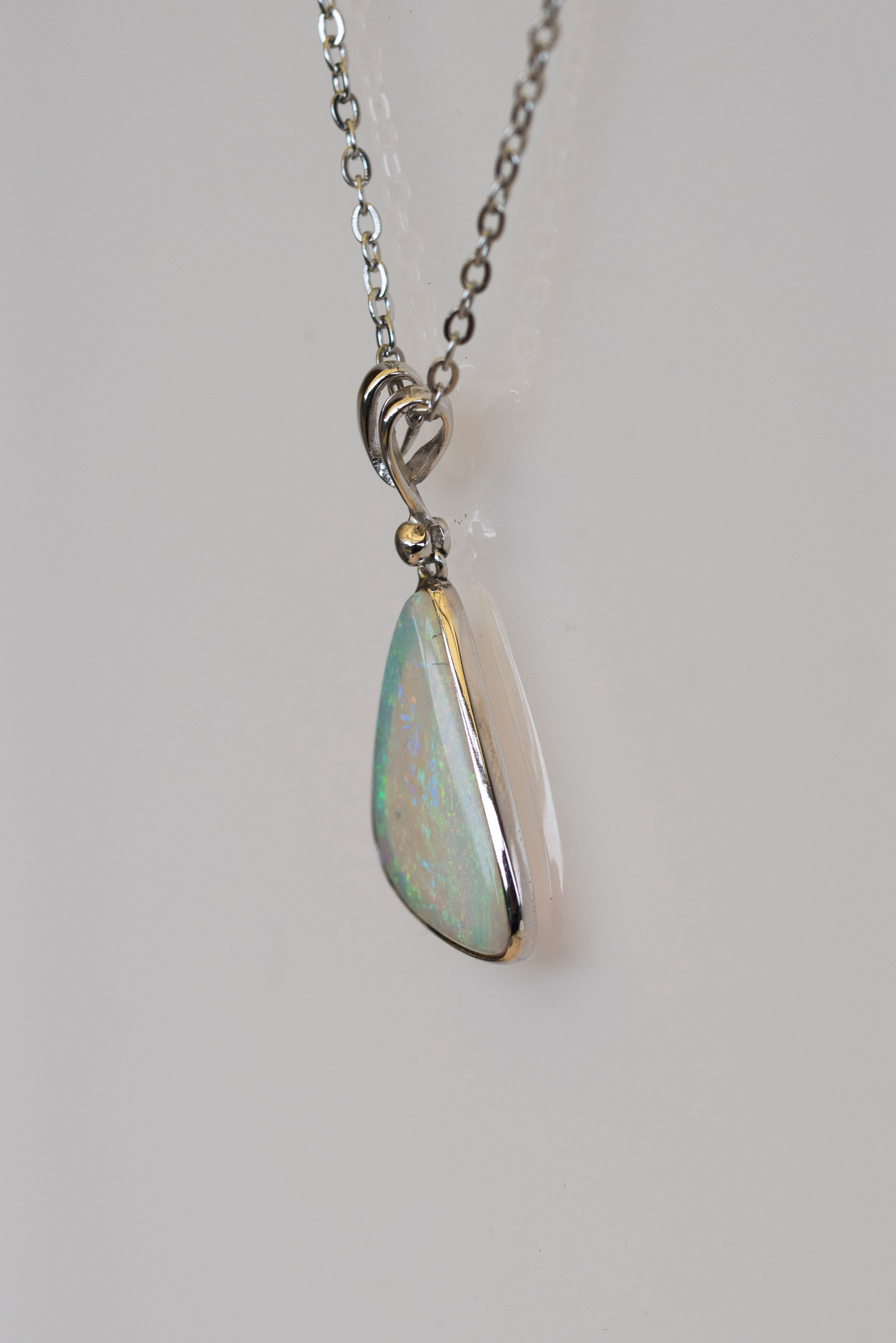 Australian Crystal Opal - Genuine Authentic Multi Color Fire Opal Necklace -  Solid Opal Gem Stone Pendant in Sterling Silver White Gold Plated