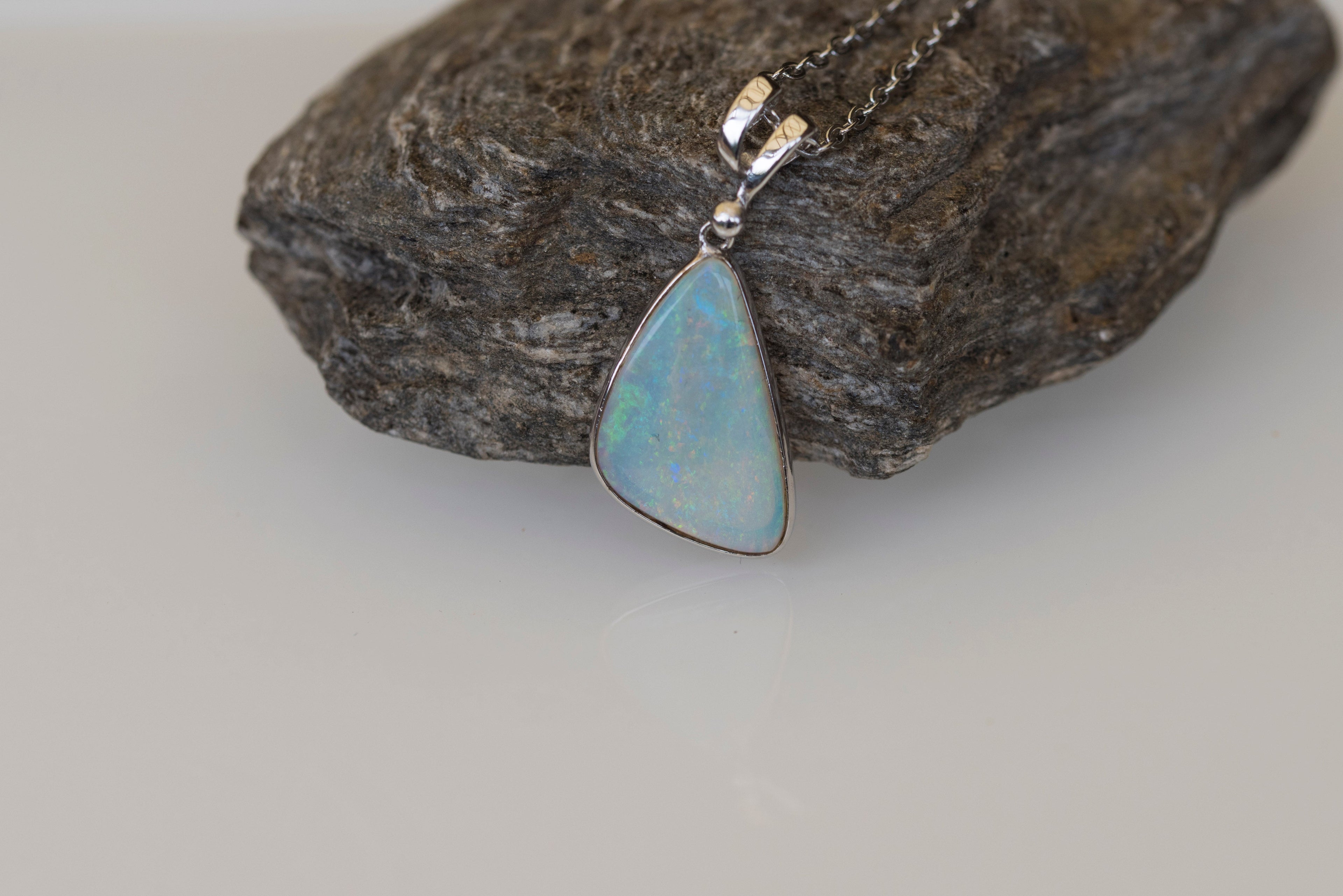 Australian Crystal Opal - Genuine Authentic Multi Color Fire Opal Necklace -  Solid Opal Gem Stone Pendant in Sterling Silver White Gold Plated