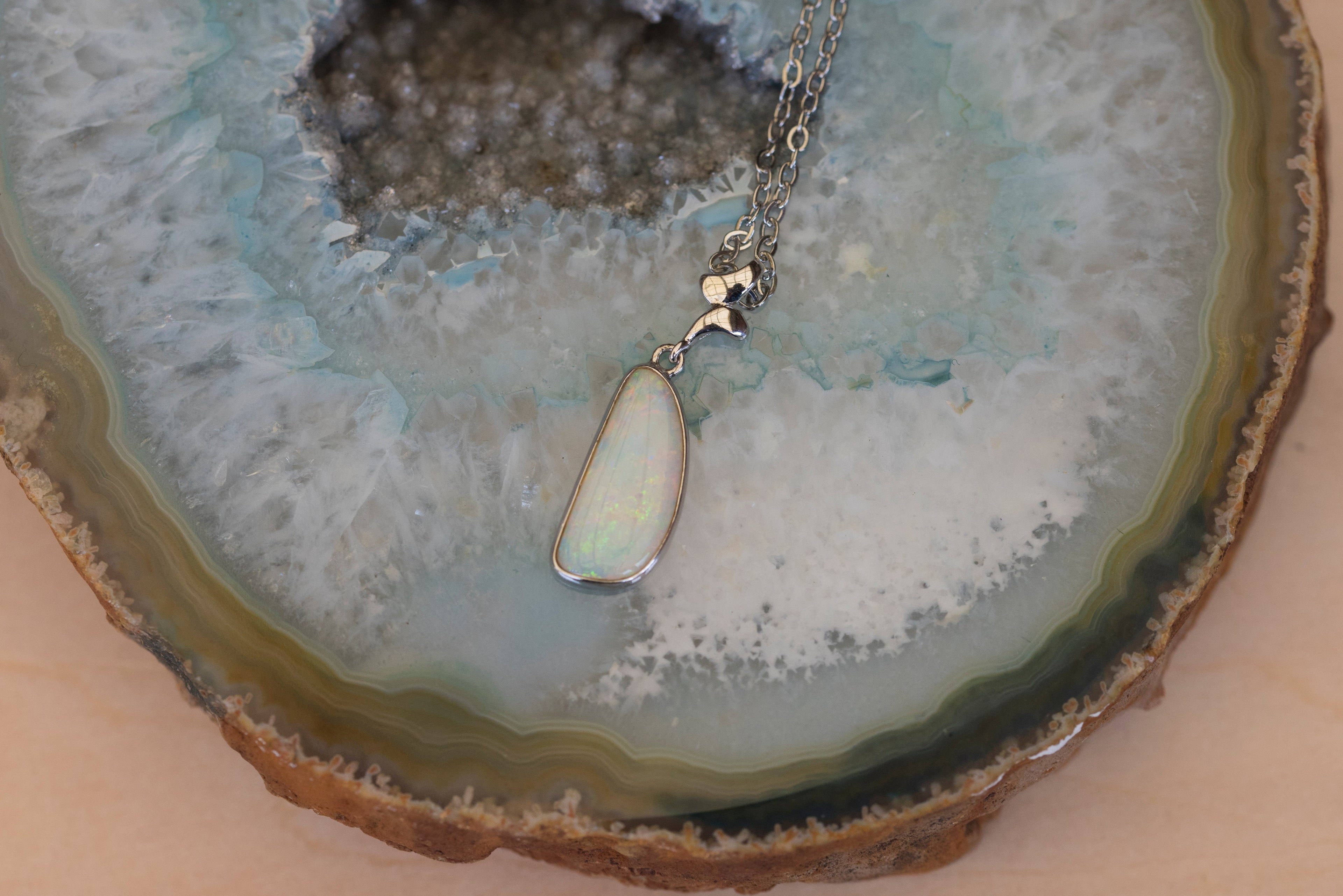 Australian Crystal Opal Pendant - Genuine Authentic Multi Color Fire Opal Necklace - Solid Opal Gem Stone Pendant in Sterling Silver White Gold Plated