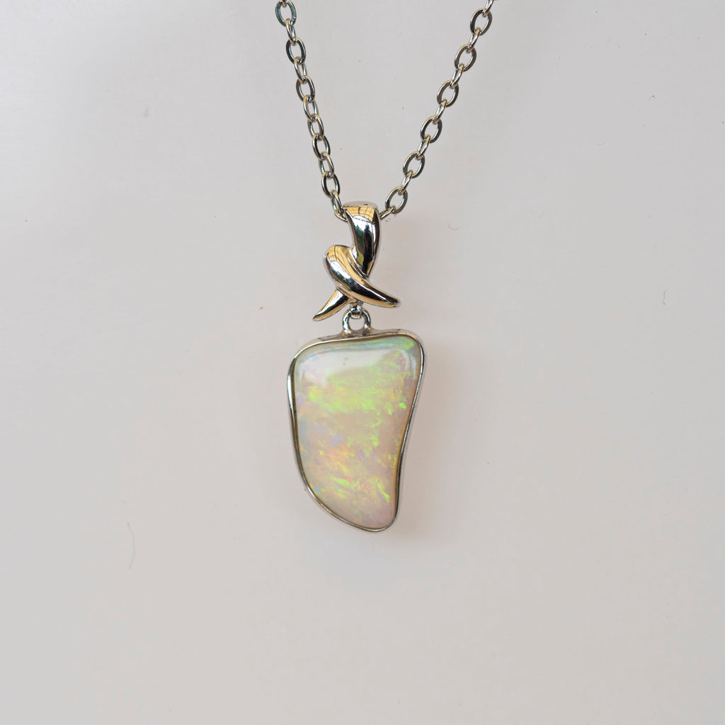 Australian Crystal Opal Jewelry - Genuine Authentic Multi Color Fire Opal Necklace - Solid Opal Gem Stone Pendant in Sterling Silver White Gold Plated
