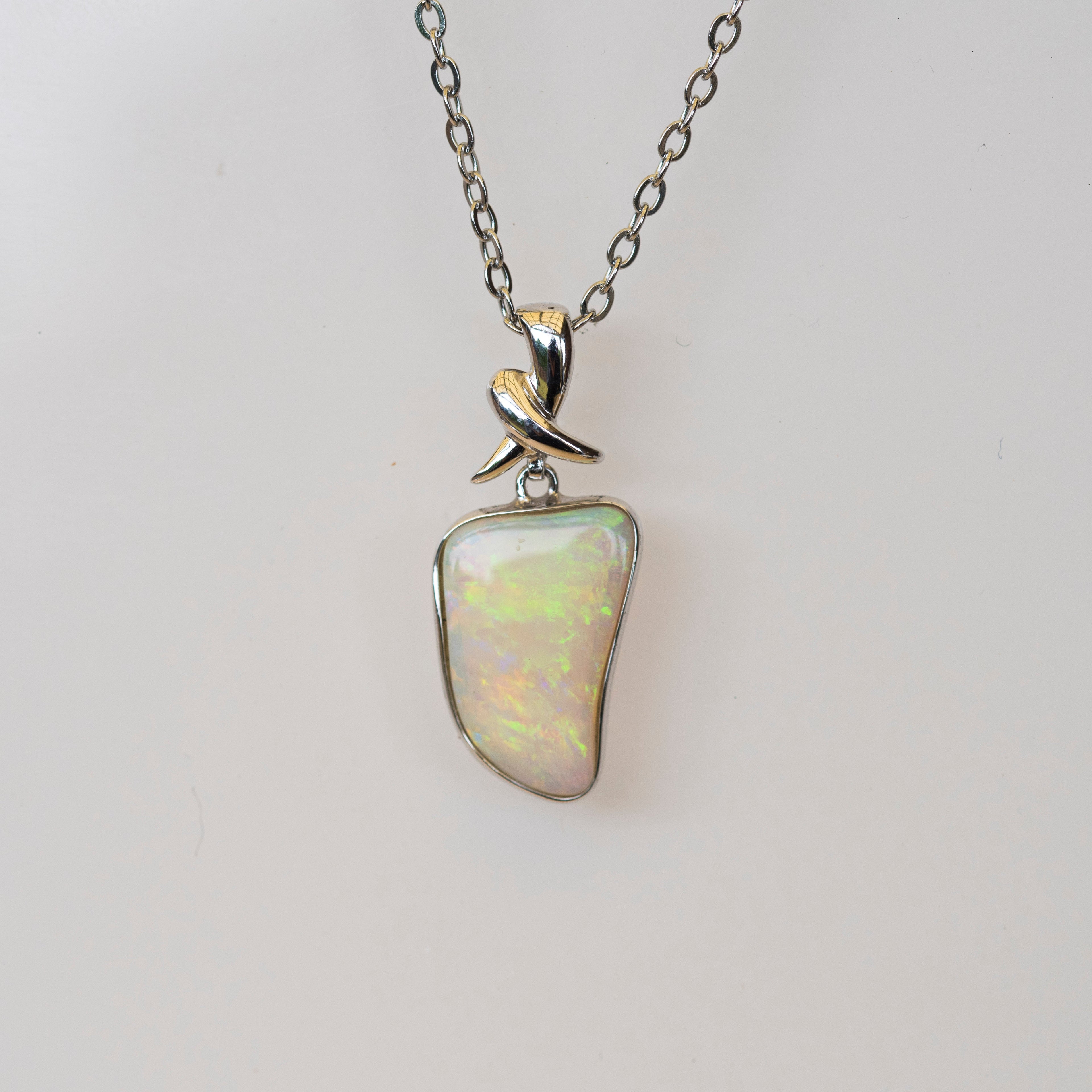 Australian Crystal Opal Jewelry - Genuine Authentic Multi Color Fire Opal Necklace - Solid Opal Gem Stone Pendant in Sterling Silver White Gold Plated