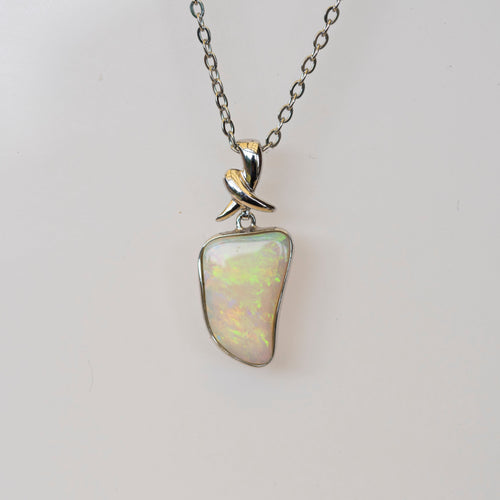 Australian Crystal Opal Jewelry - Genuine Authentic Multi Color Fire Opal Necklace - Solid Opal Gem Stone Pendant in Sterling Silver White Gold Plated