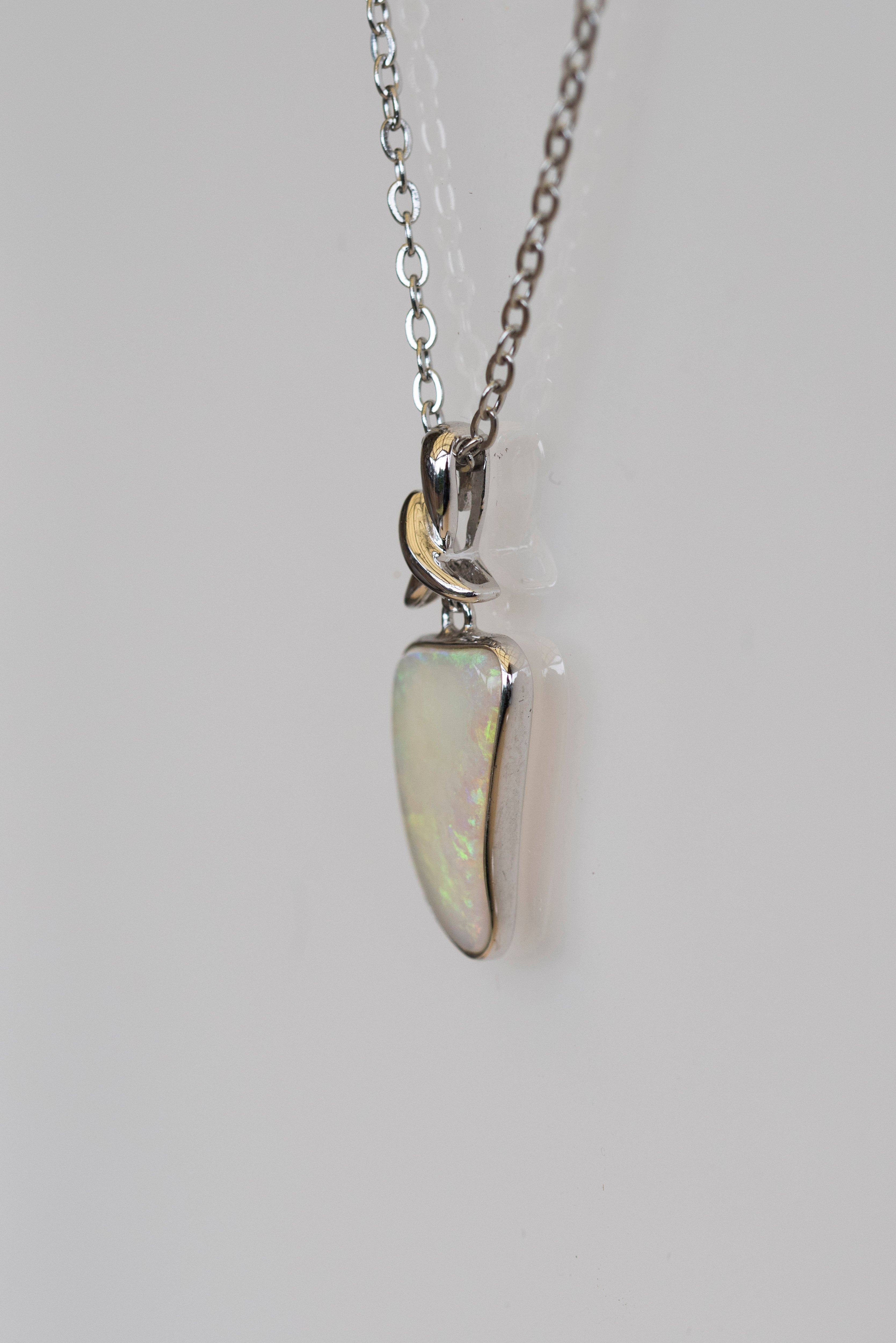 Australian Crystal Opal Jewelry - Genuine Authentic Multi Color Fire Opal Necklace - Solid Opal Gem Stone Pendant in Sterling Silver White Gold Plated